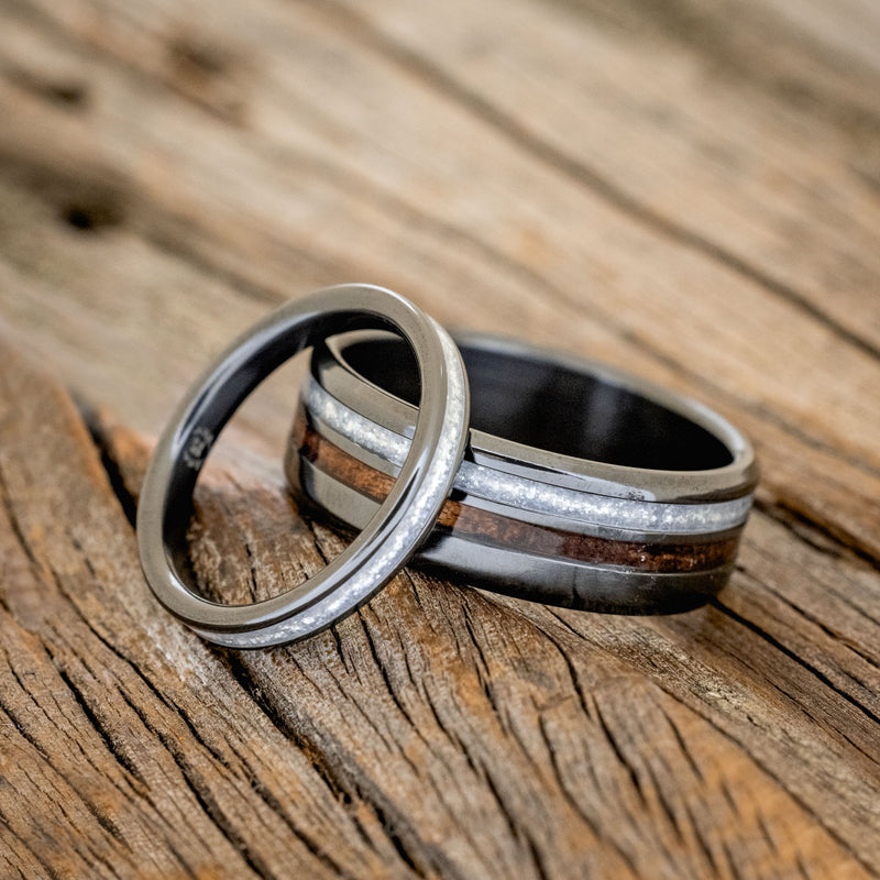 "COSMO" - MATCHING SET OF DARK WALNUT & DIAMOND DUST WEDDING BANDS-8