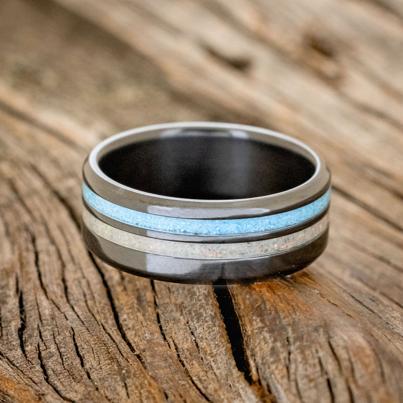 "COSMO" - MATCHING SET OF TURQUOISE & FIRE AND ICE OPAL WEDDING RING