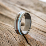 "COSMO" -  IRONWOOD & TURQUOISE WEDDING RING FEATURING A DAMASCUS STEEL BAND