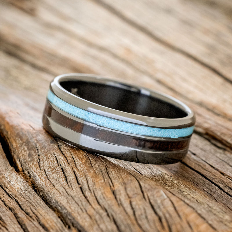 "COSMO" -  IRONWOOD & TURQUOISE WEDDING RING FEATURING A DAMASCUS STEEL BAND