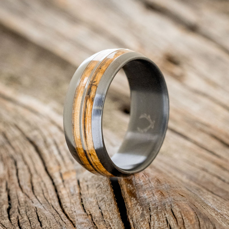 "COSMO" - DOMED WHISKEY BARREL OAK WEDDING RING-4