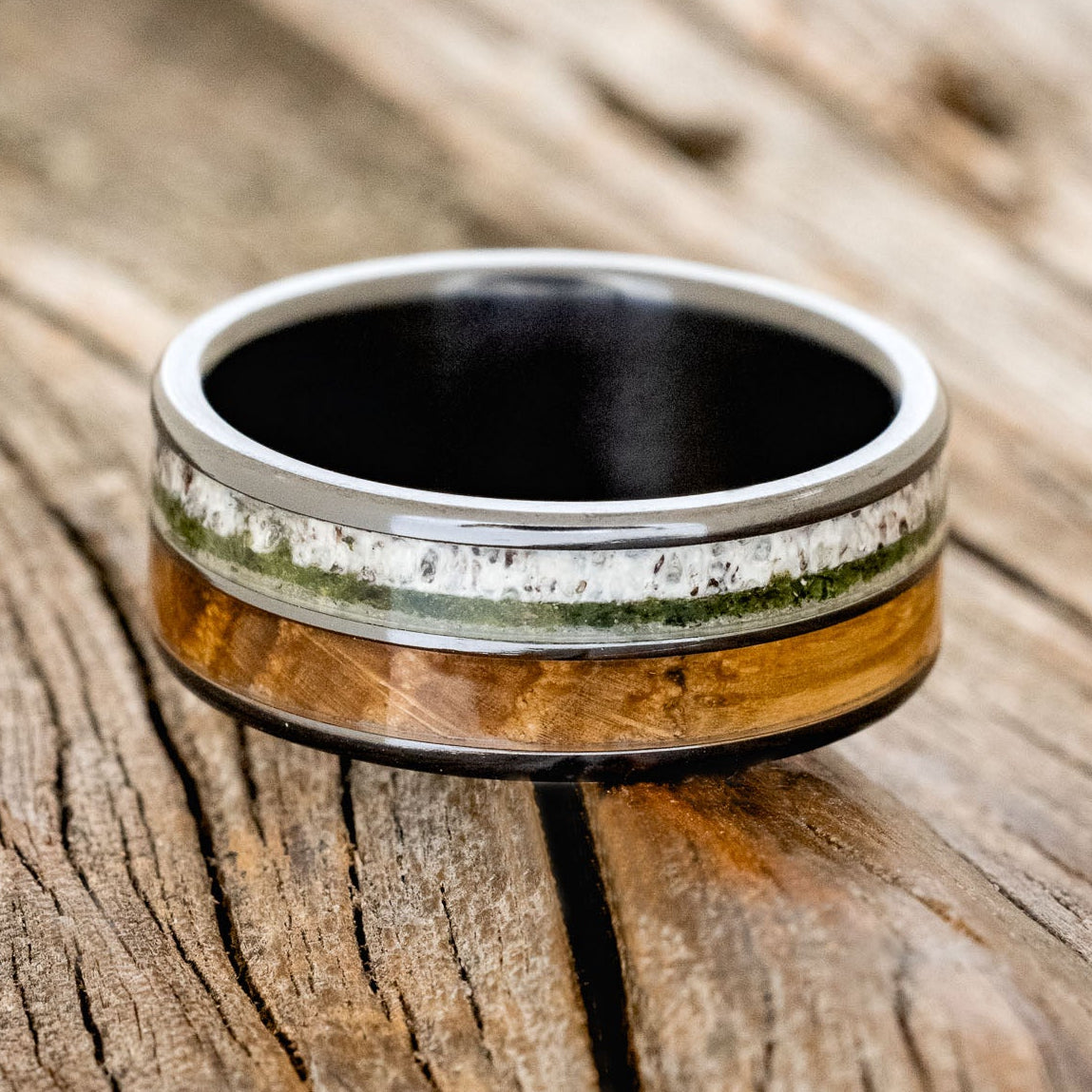 "DYAD" - MOSS, ANTLER & WHISKEY BARREL OAK WEDDING BAND-9