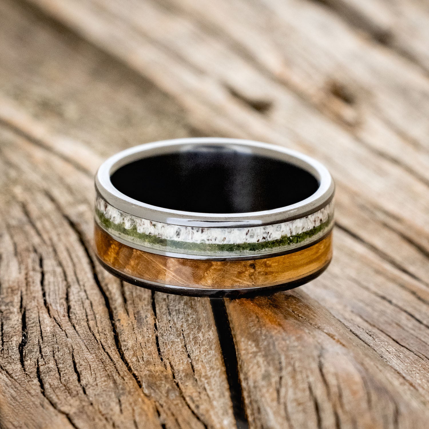 "DYAD" - MOSS, ANTLER & WHISKEY BARREL OAK WEDDING BAND-9