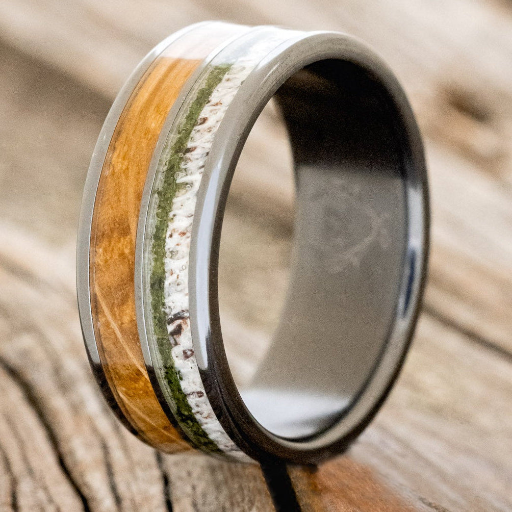"DYAD" - MOSS, ANTLER & WHISKEY BARREL OAK WEDDING BAND-7