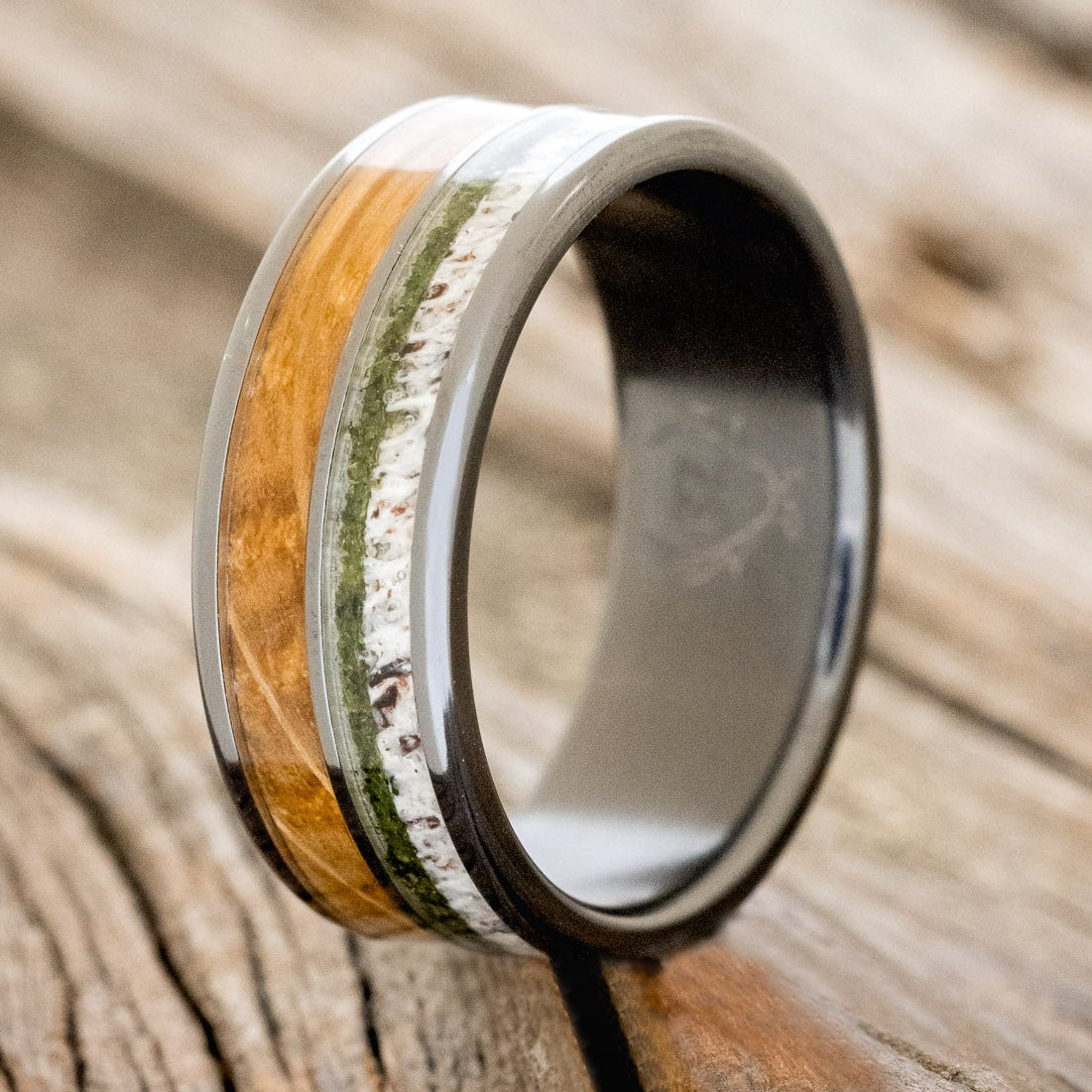 "DYAD" - MOSS, ANTLER & WHISKEY BARREL OAK WEDDING BAND-7