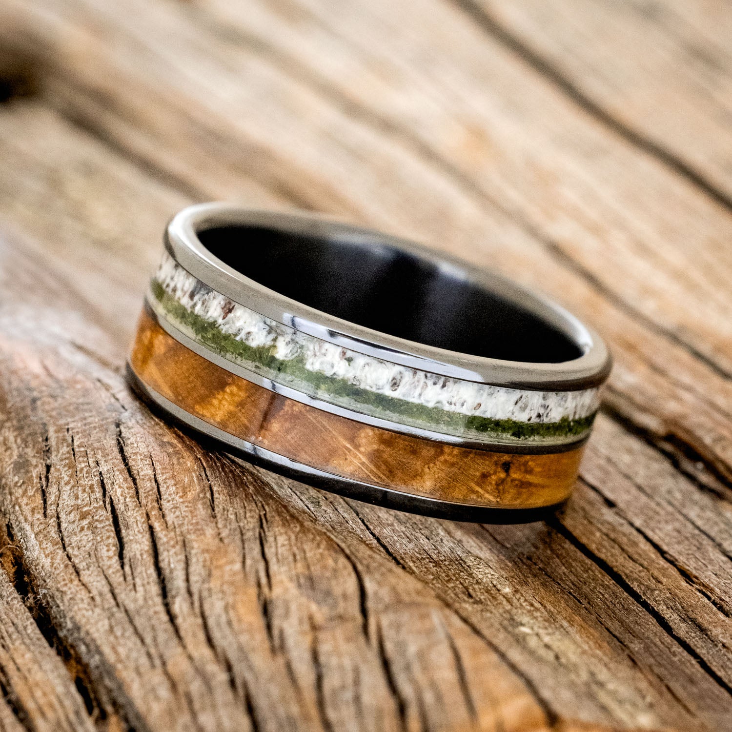 "DYAD" - MOSS, ANTLER & WHISKEY BARREL OAK WEDDING BAND-8