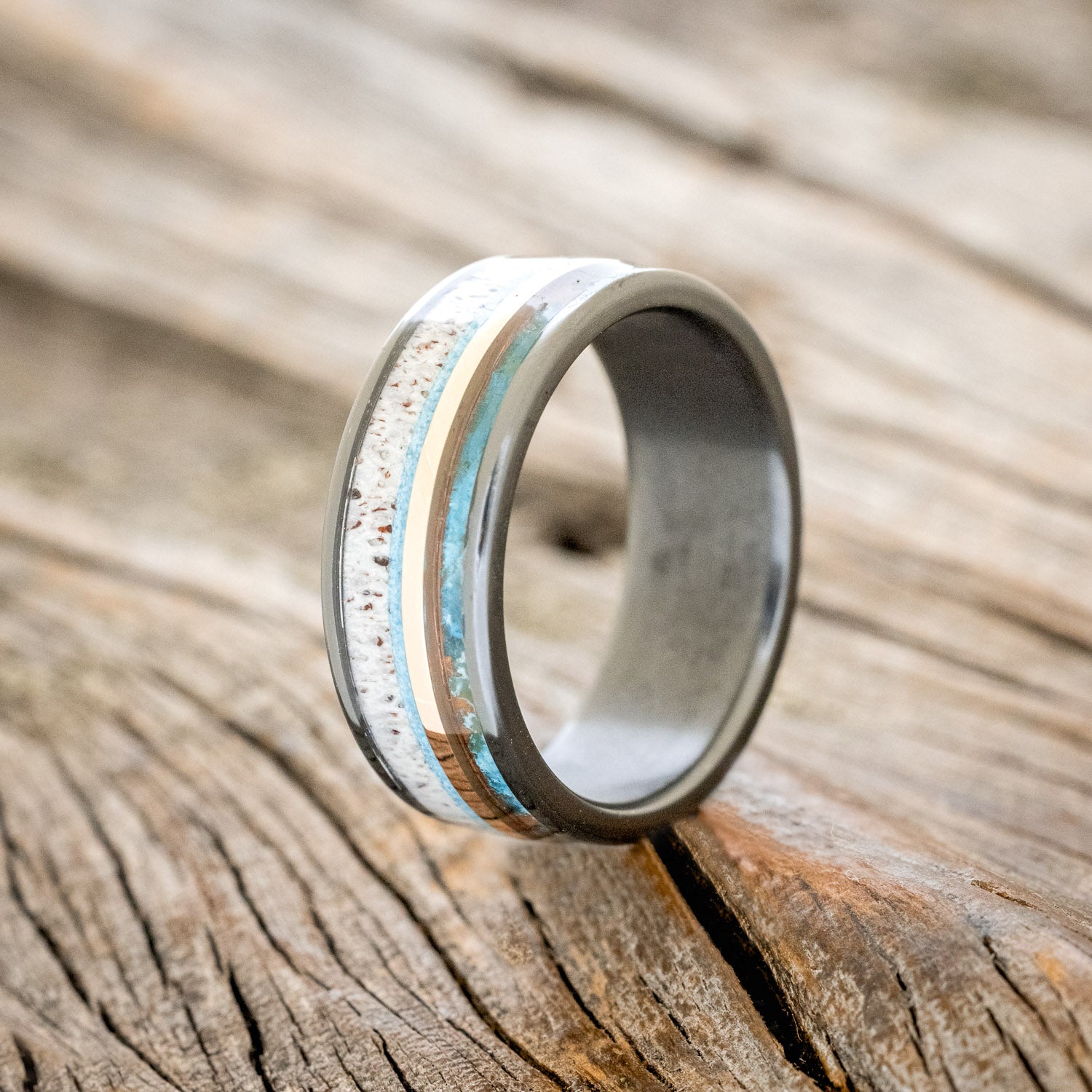 "ELEMENT" - PATINA COPPER, TURQUOISE, ANTLER & 14K ROSE GOLD INLAY WEDDING BAND-4