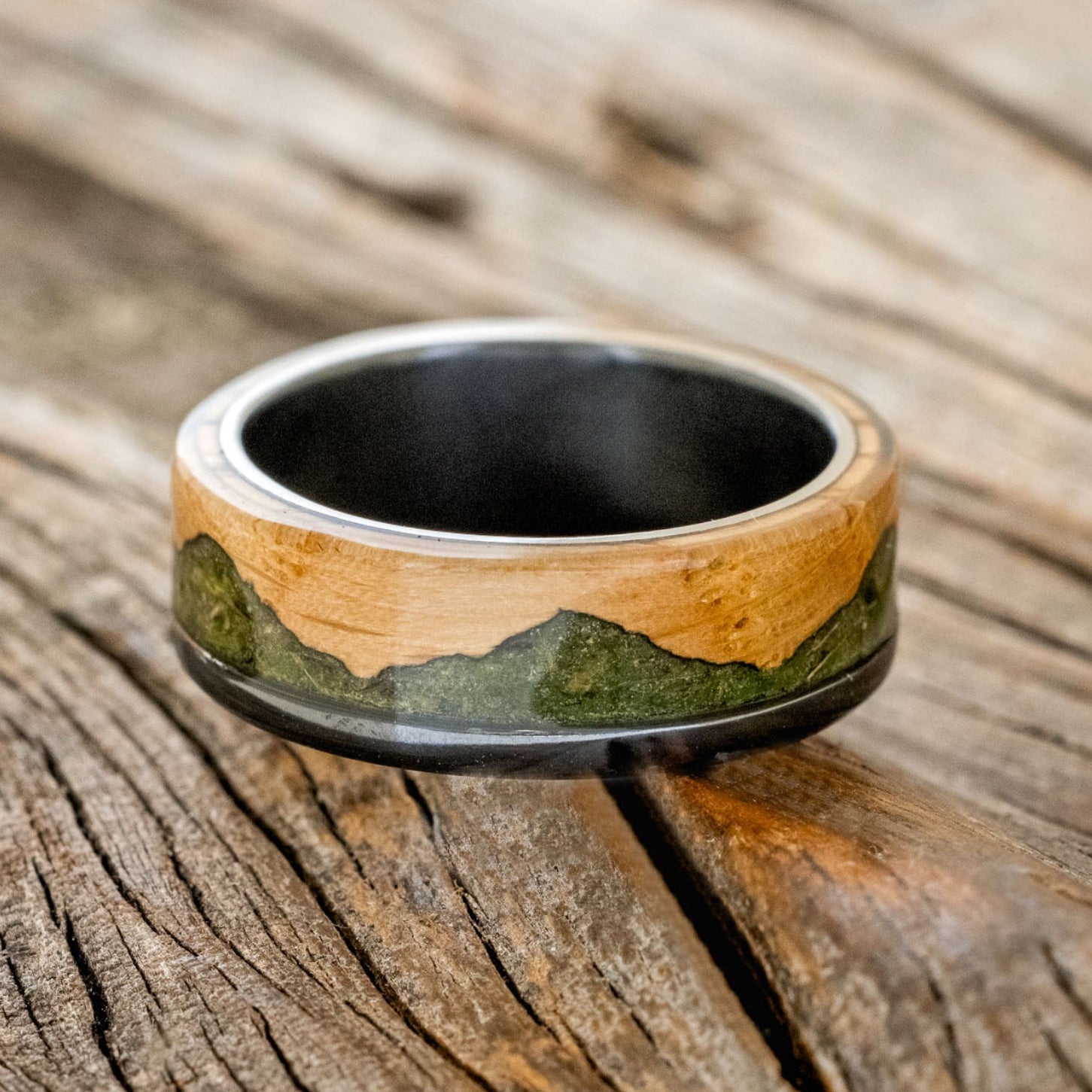 "EZRA" - WHISKEY BARREL OAK WITH MOSS WEDDING RING-6
