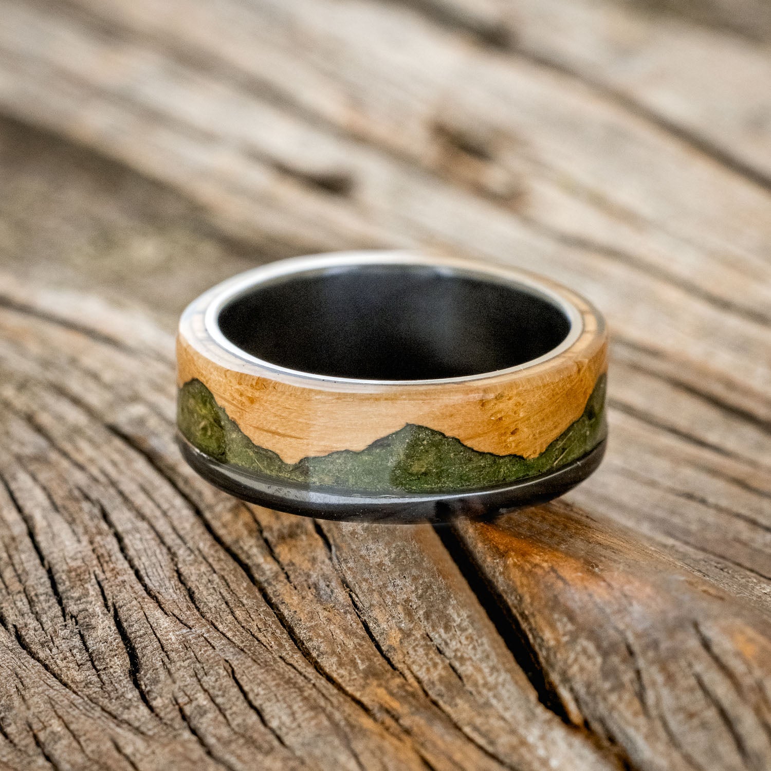 "EZRA" - WHISKEY BARREL OAK WITH MOSS WEDDING RING-6
