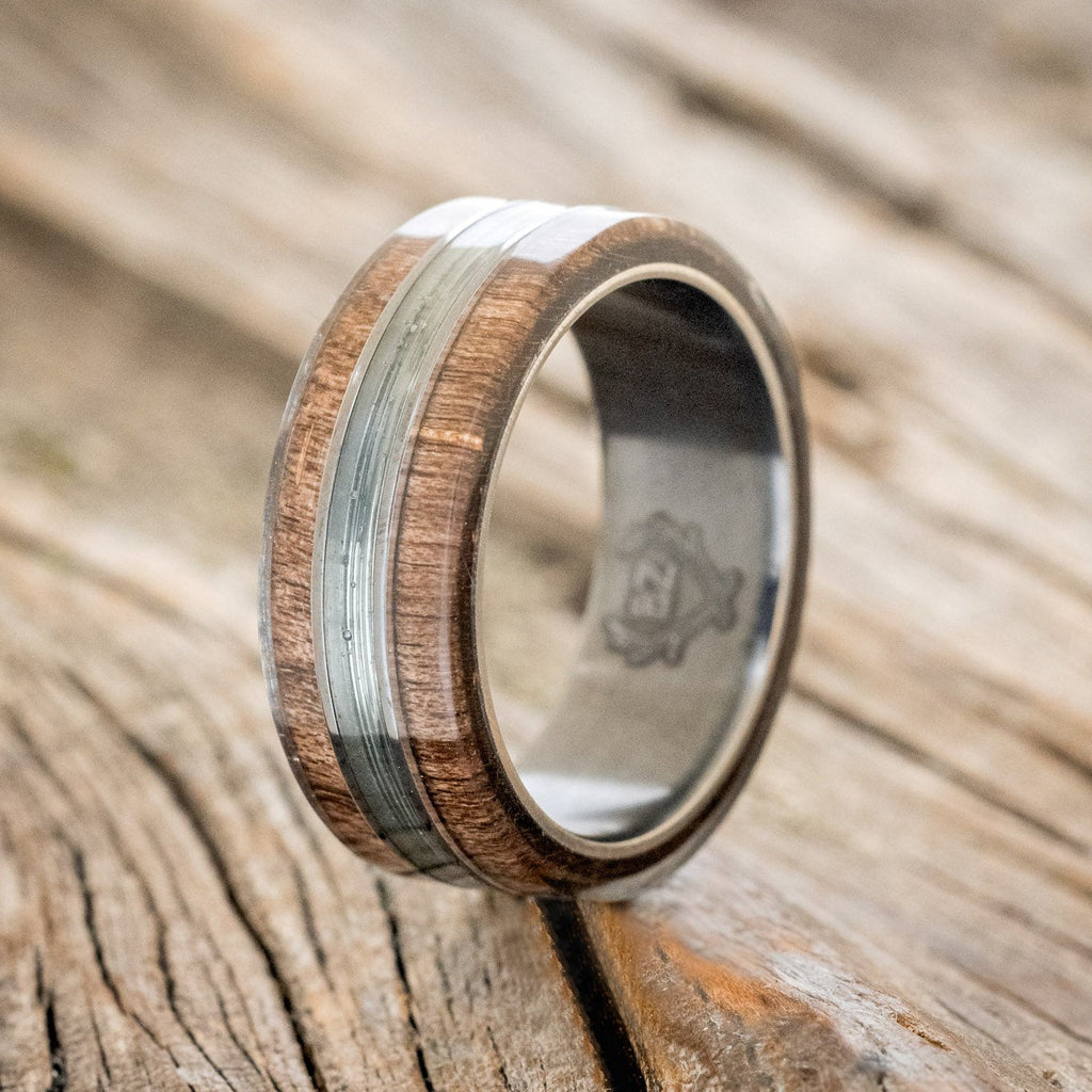 Glen - Dark Maple Wood & Fishing Line Wedding Ring Damascus Steel