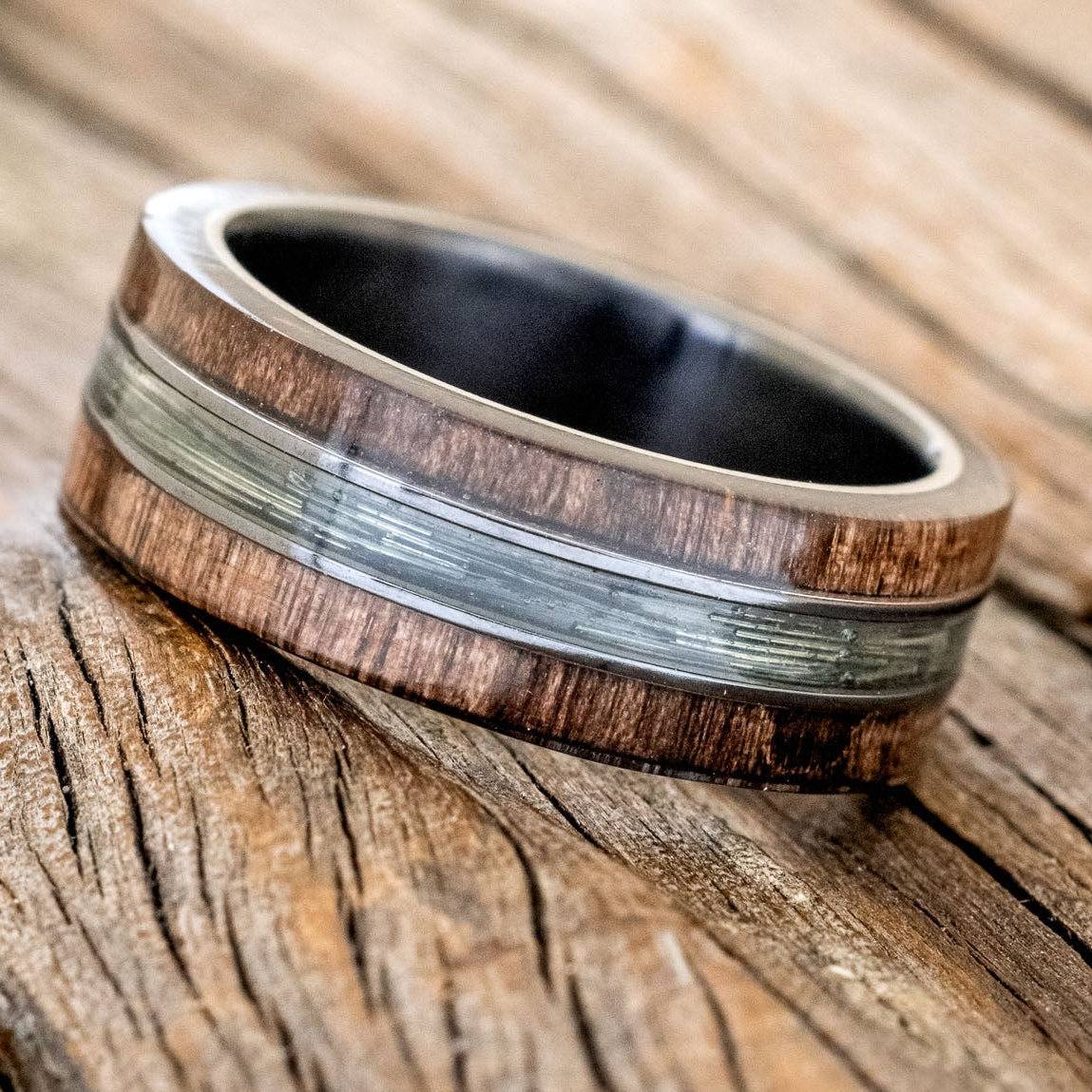 "GLEN" - DARK MAPLE WOOD & FISHING LINE WEDDING RING-2