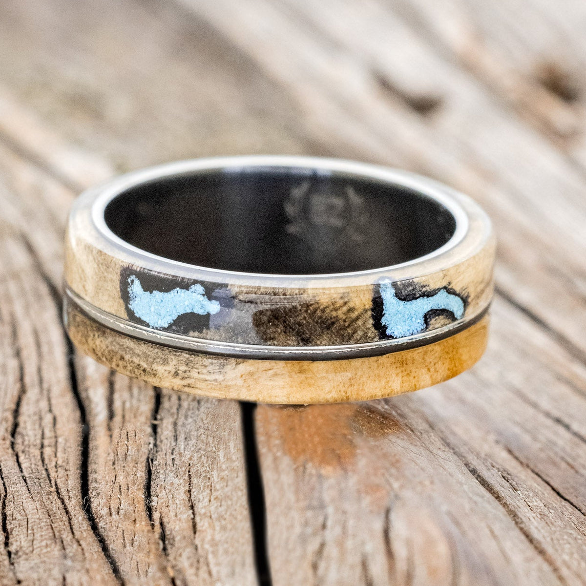 "GOLDEN" - BUCKEYE BURL WOOD & TURQUOISE INLAYS WEDDING BAND - READY TO SHIP-6