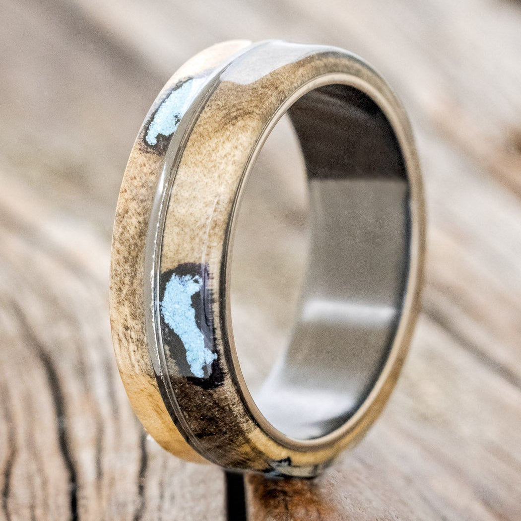 "GOLDEN" - BUCKEYE BURL WOOD & TURQUOISE INLAYS WEDDING BAND - READY TO SHIP-4