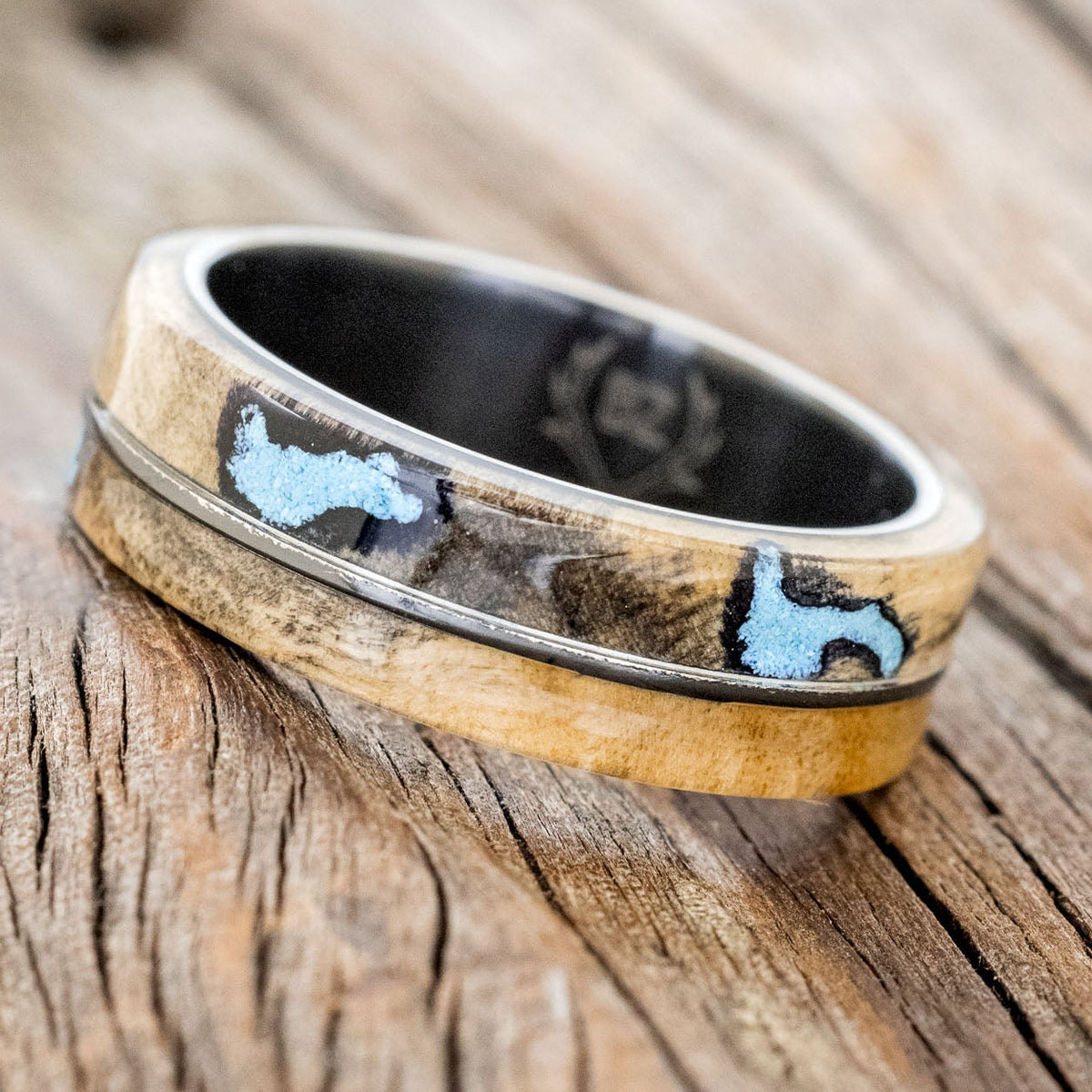 "GOLDEN" - BUCKEYE BURL WOOD & TURQUOISE INLAYS WEDDING BAND - READY TO SHIP-5