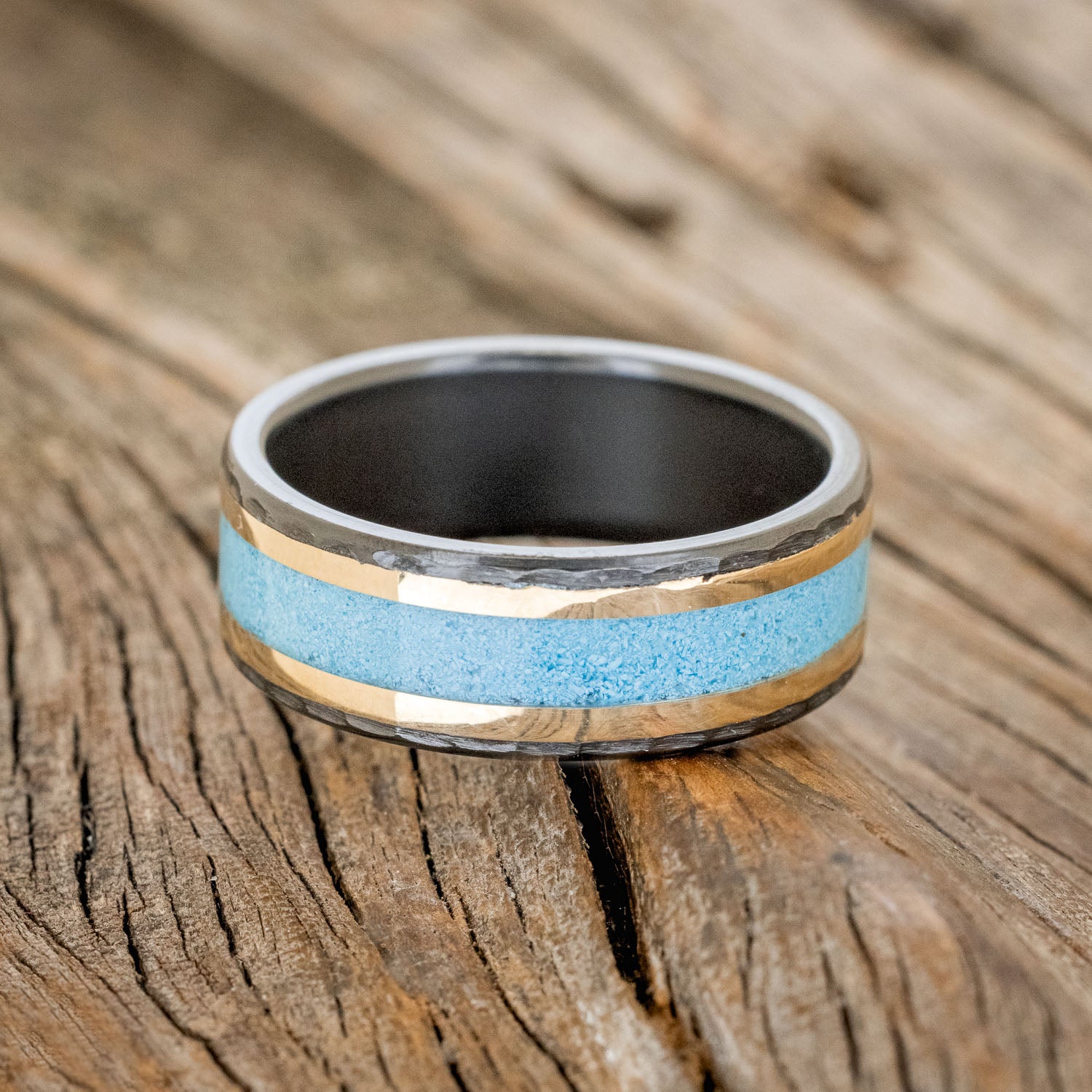 "HOLLIS" - TURQUOISE & 14K YELLOW GOLD INLAYS WEDDING RING FEATURING A HAMMERED BAND-3