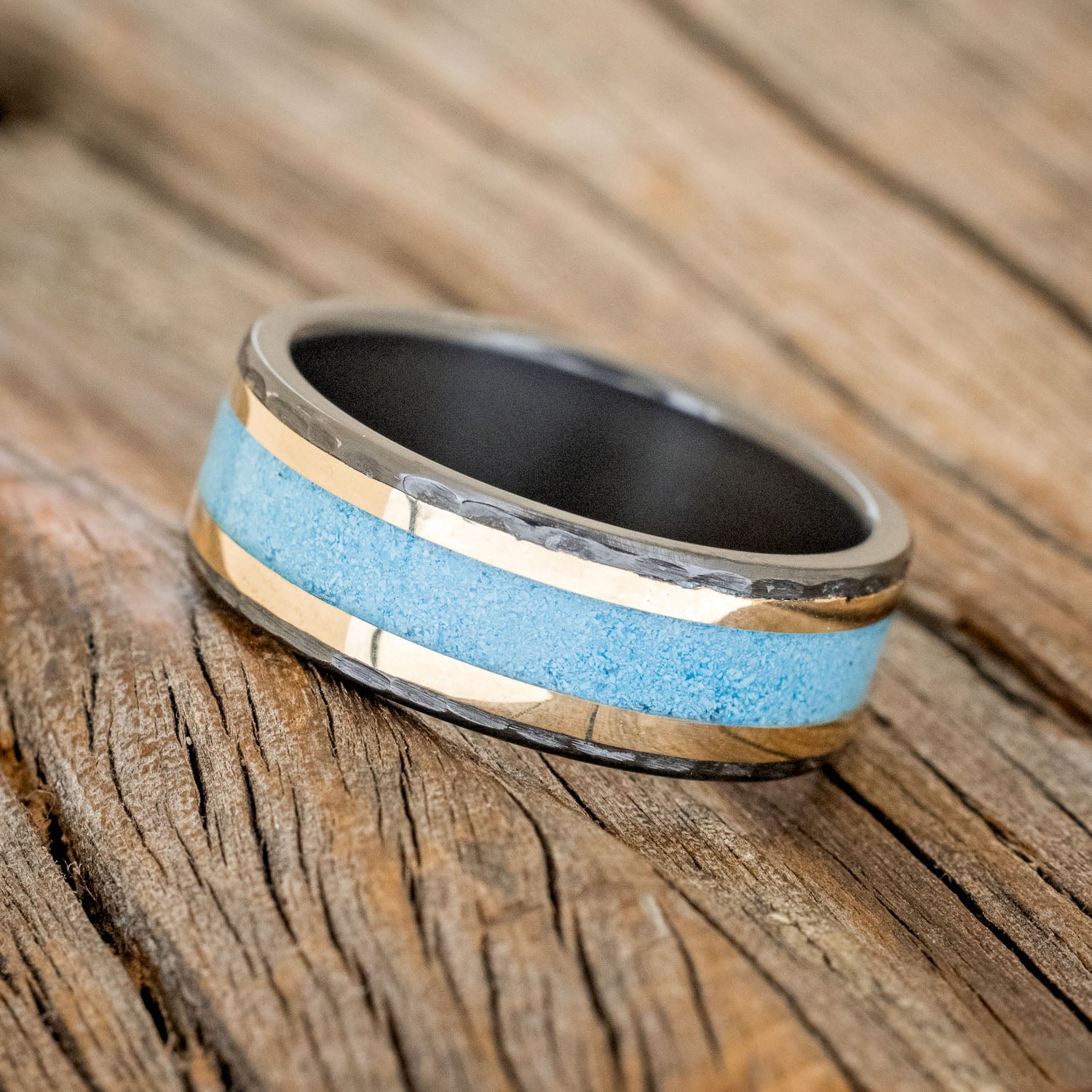 "HOLLIS" - TURQUOISE & 14K YELLOW GOLD INLAYS WEDDING RING FEATURING A HAMMERED BAND-2