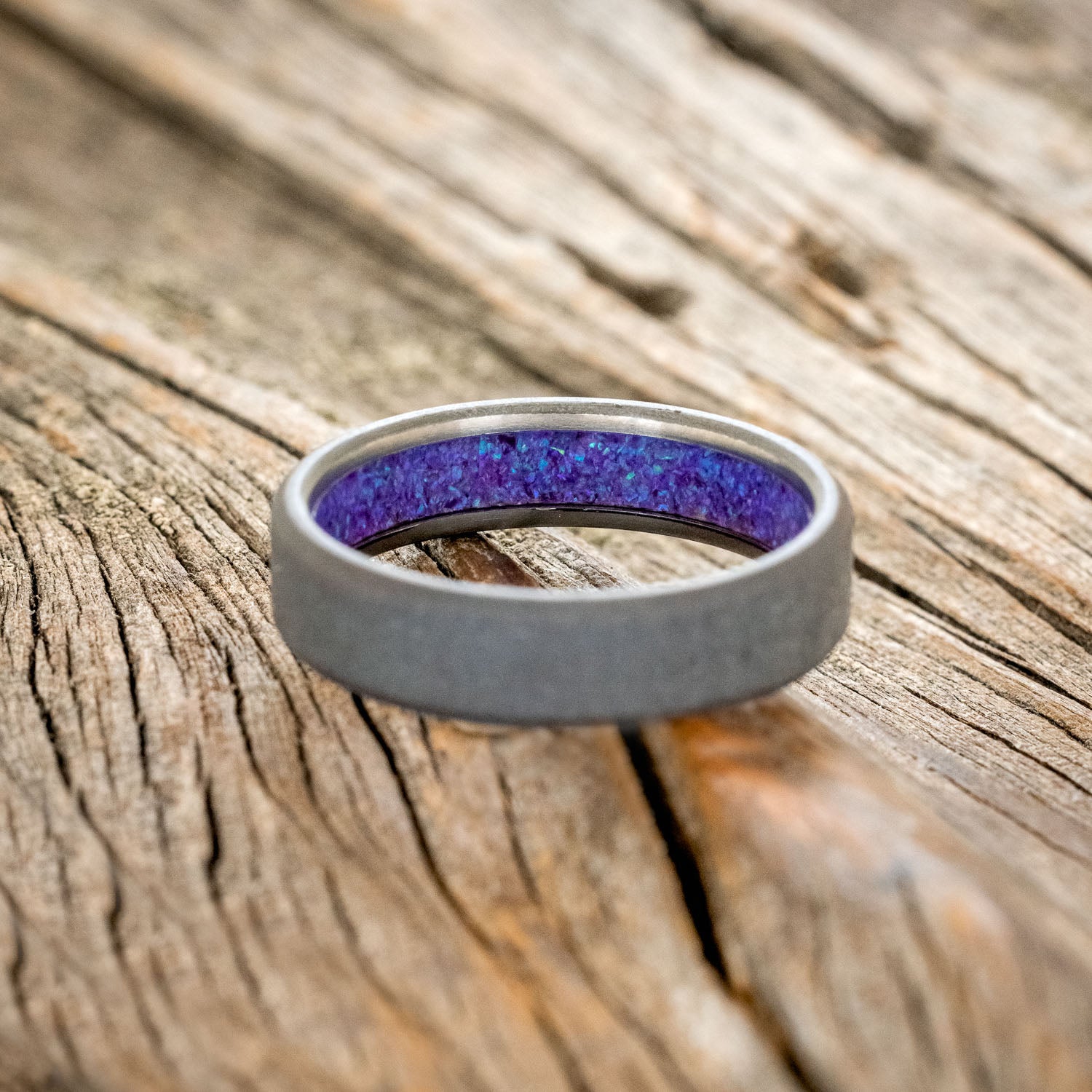 LAVENDER OPAL LINED WEDDING BAND WITH A SANDBLASTED FINISH-6