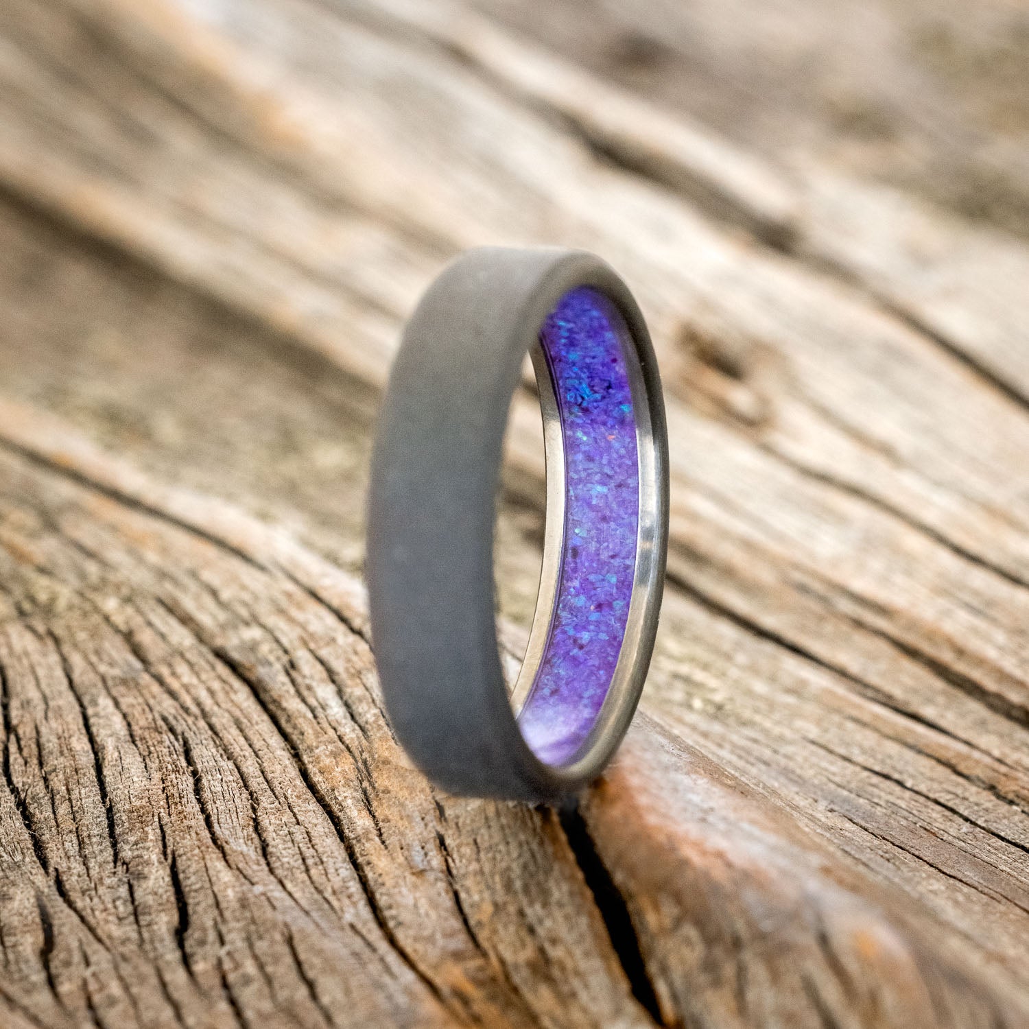 LAVENDER OPAL LINED WEDDING BAND WITH A SANDBLASTED FINISH-4