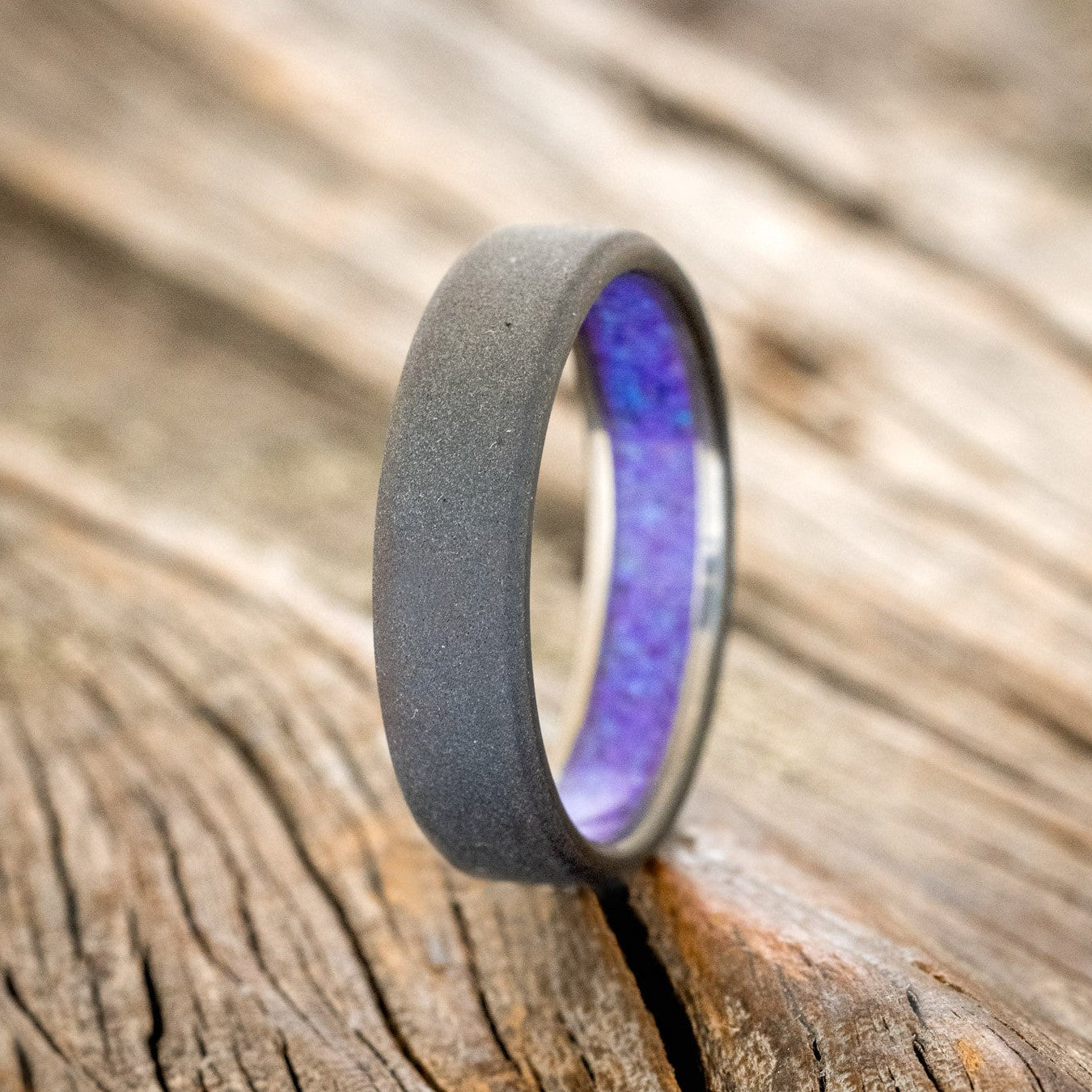 LAVENDER OPAL LINED WEDDING BAND WITH A SANDBLASTED FINISH-1