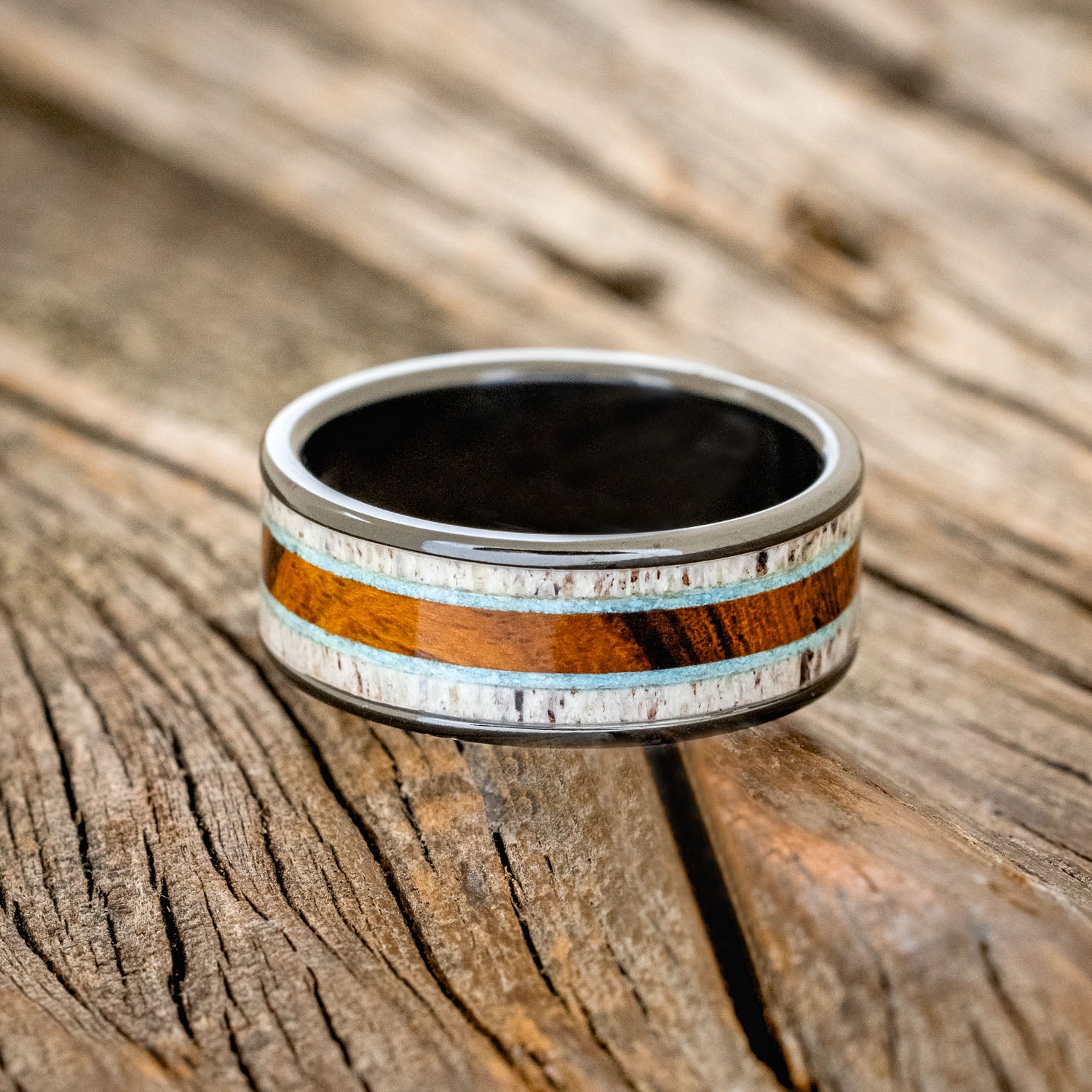 "RAINIER" - ELK ANTLER, TURQUOISE & IRONWOOD WEDDING RING-12