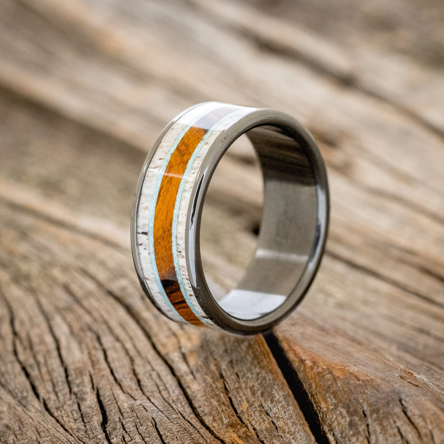 "RAINIER" - ELK ANTLER, TURQUOISE & IRONWOOD WEDDING RING-10