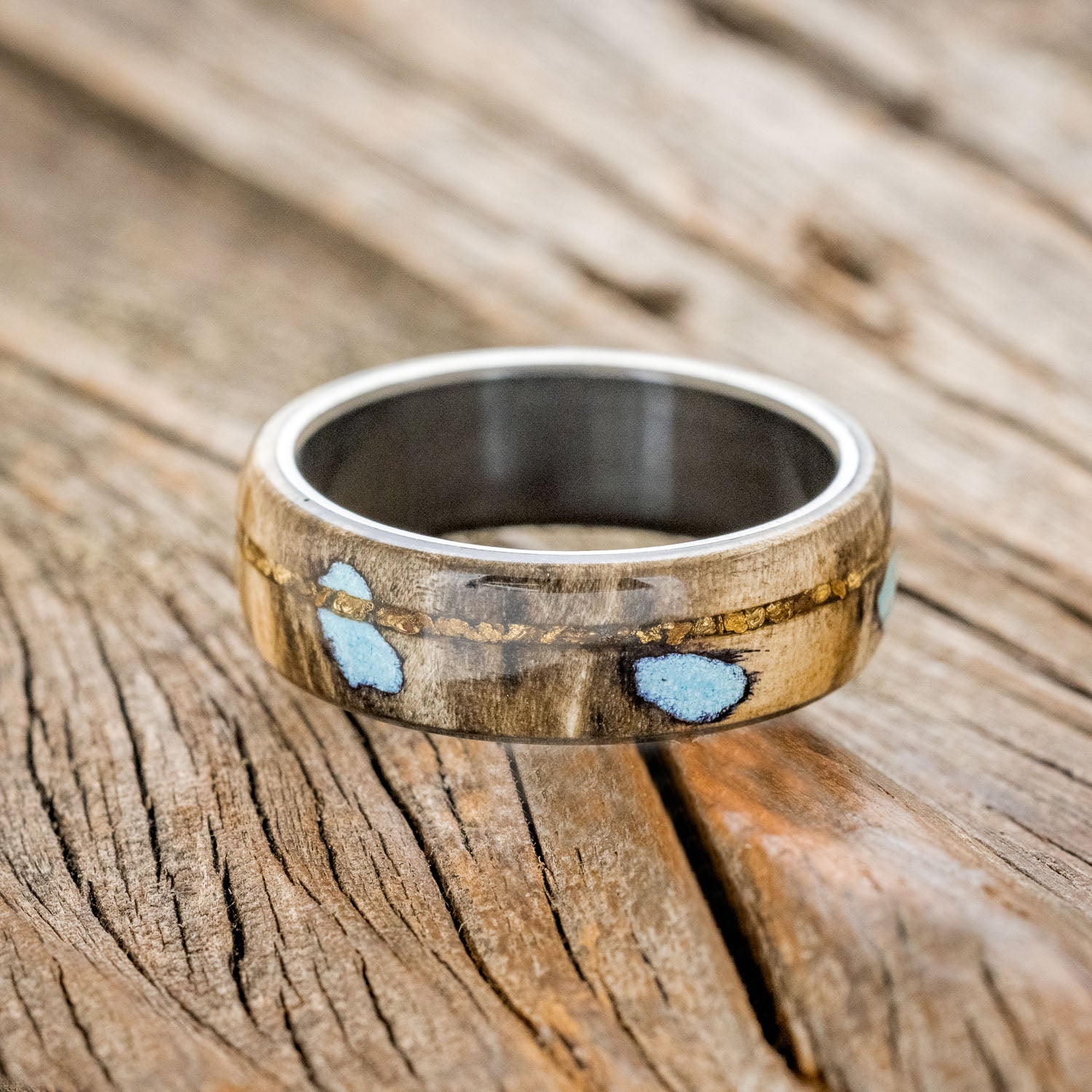 "REMMY" - BUCKEYE BURL WOOD, TURQUOISE & GOLD NUGGETS WEDDING BAND-7