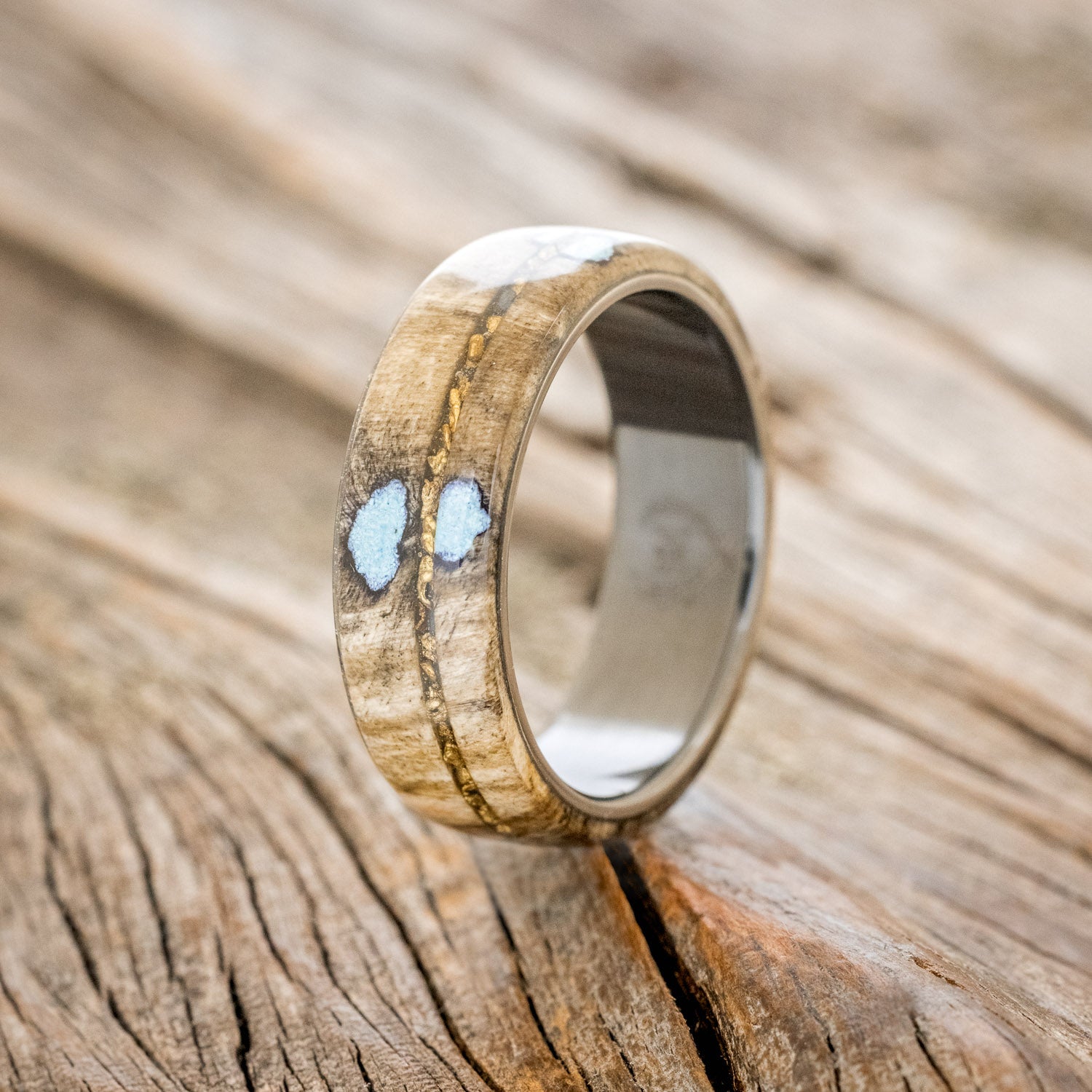 "REMMY" - BUCKEYE BURL WOOD, TURQUOISE & GOLD NUGGETS WEDDING BAND-5