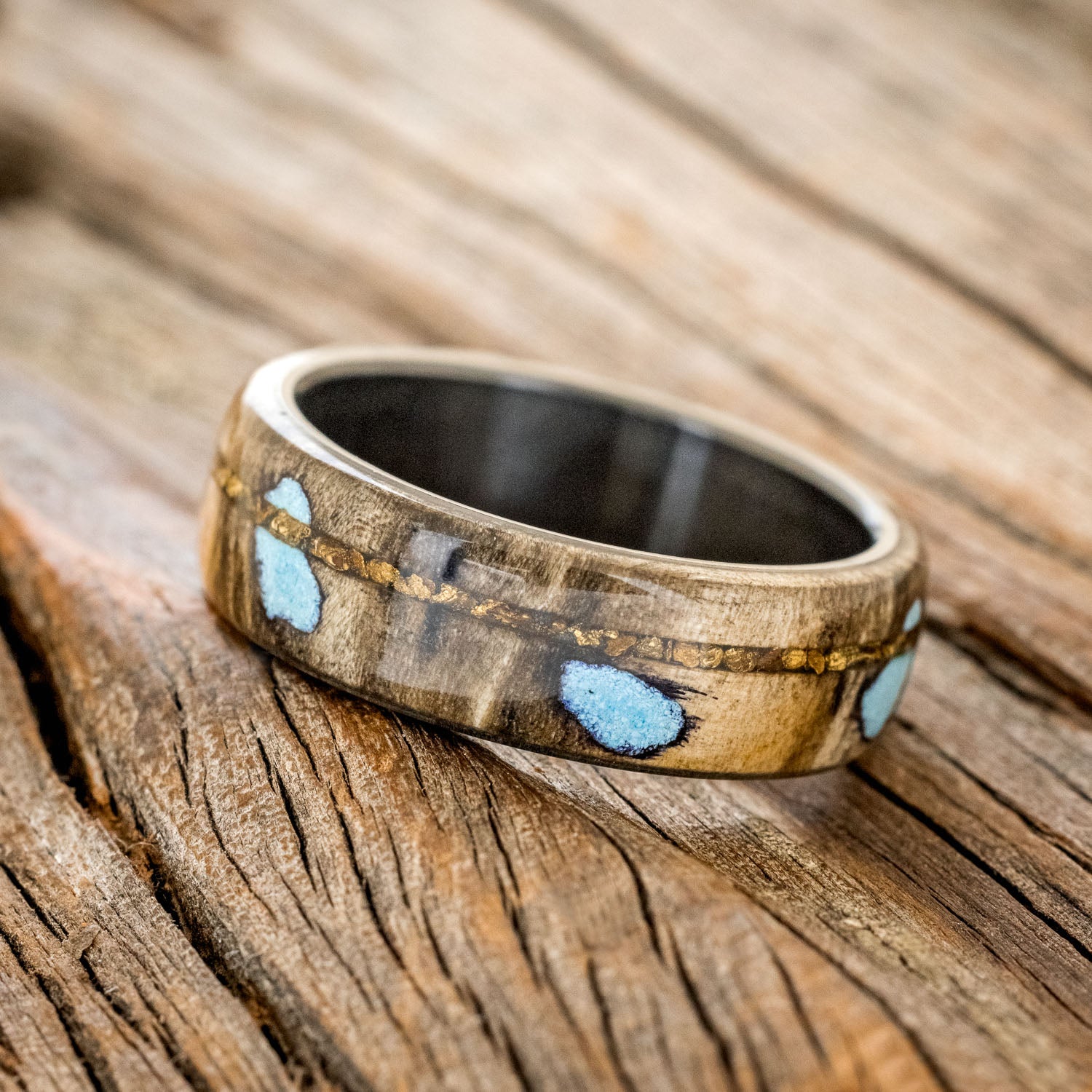 "REMMY" - BUCKEYE BURL WOOD, TURQUOISE & GOLD NUGGETS WEDDING BAND-6
