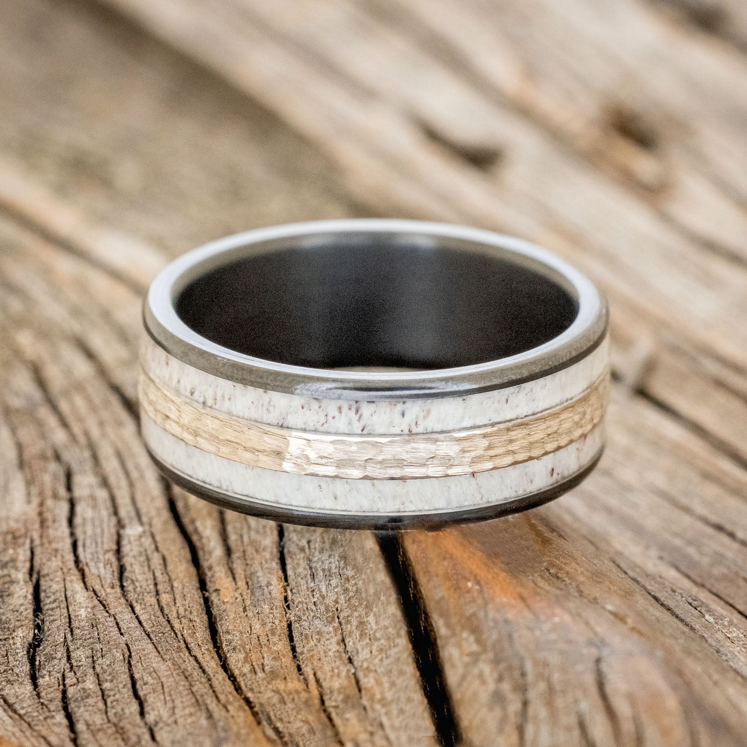 "RYDER" - ANTLER & HAMMERED GOLD INLAY WEDDING RING-3