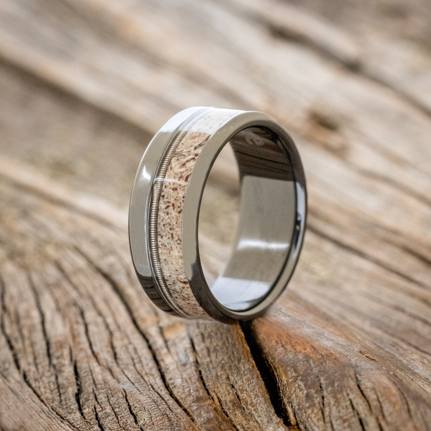 "TANNER" - GUITAR STRING & ANTLER WEDDING BAND-10