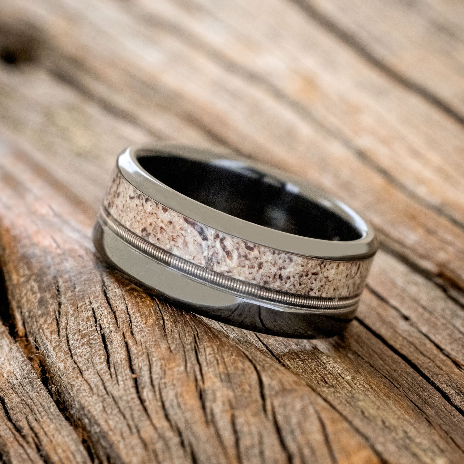 "TANNER" - GUITAR STRING & ANTLER WEDDING BAND-11