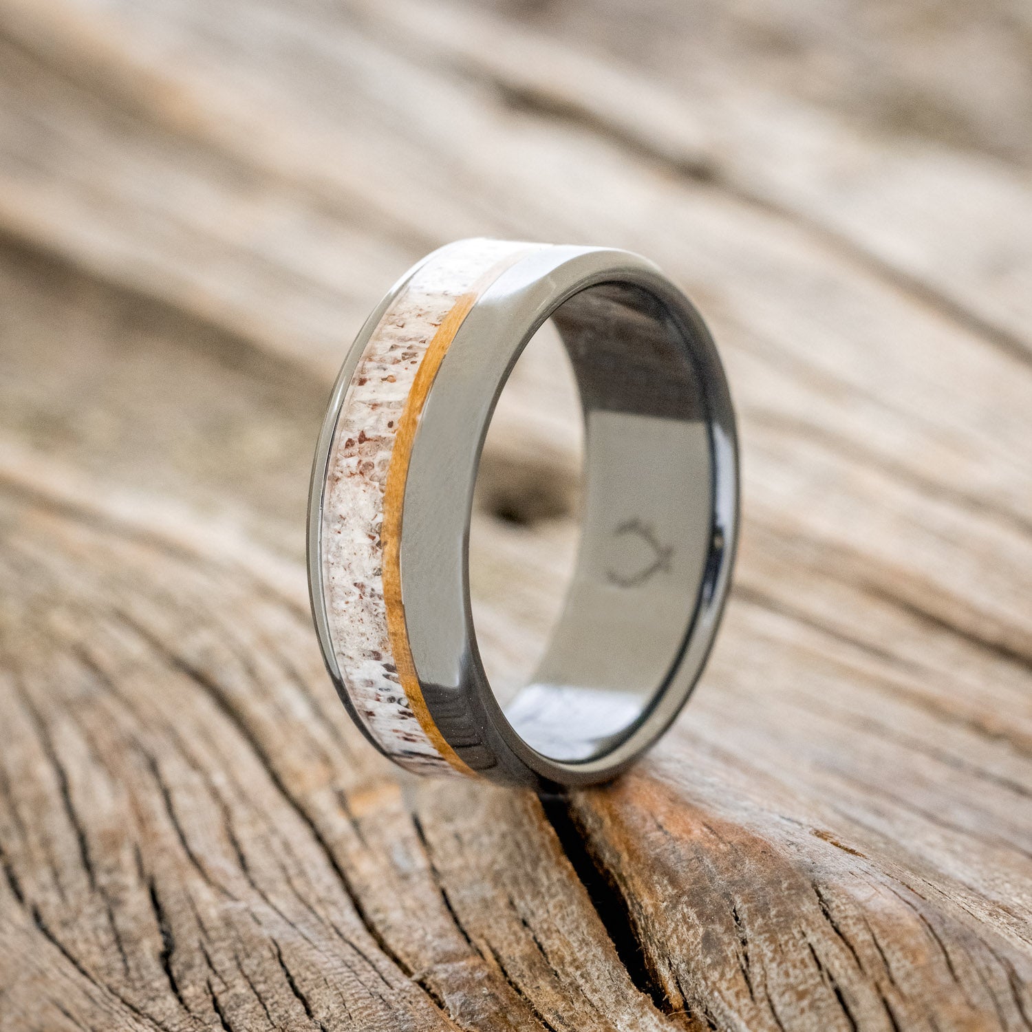 "TANNER" - WHISKEY BARREL OAK & ANTLER WEDDING RING - READY TO SHIP-7