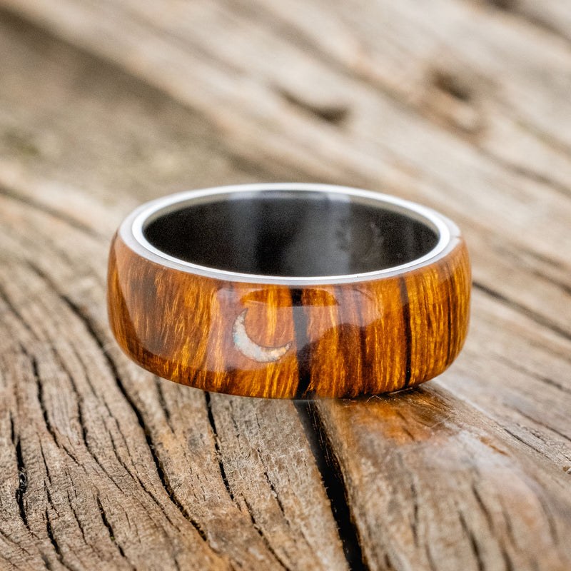 "THERON" - IRONWOOD WEDDING BAND WITH CRESCENT MOON ENGRAVING & FIRE AND ICE OPAL INLAY