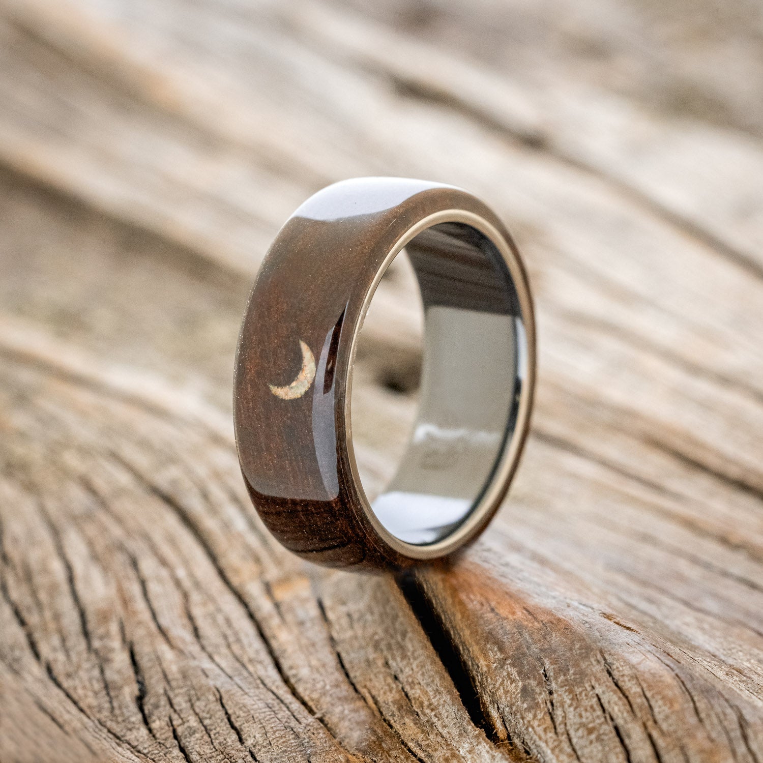 "THERON" - IRONWOOD WEDDING BAND WITH CRESCENT MOON ENGRAVING & FIRE AND ICE OPAL INLAY-4