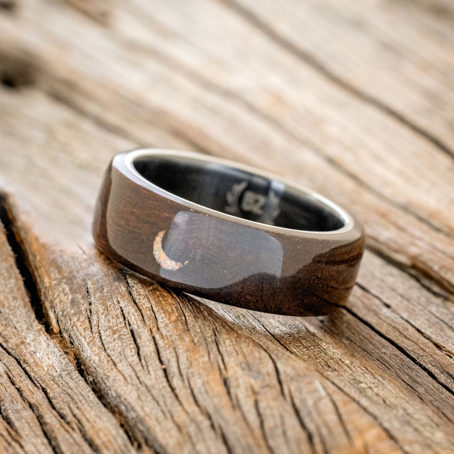 "THERON" - IRONWOOD WEDDING BAND WITH CRESCENT MOON ENGRAVING & FIRE AND ICE OPAL INLAY-5