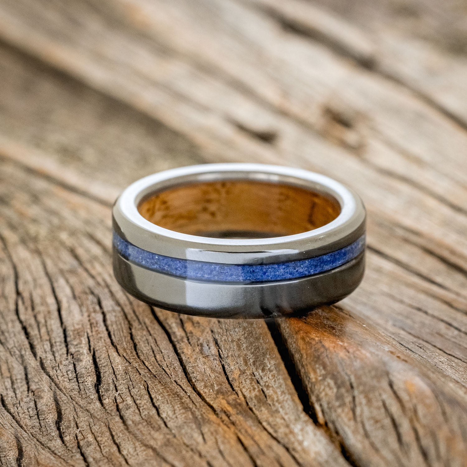 "VERTIGO" - LAPIS LAZULI WEDDING RING FEATURING A WHISKEY BARREL LINED BAND-3