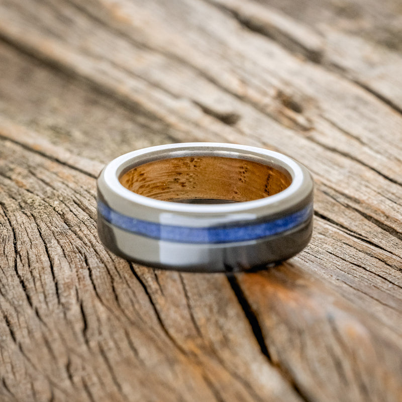 "VERTIGO" - LAPIS LAZULI WEDDING RING FEATURING A WHISKEY BARREL LINED BAND-6