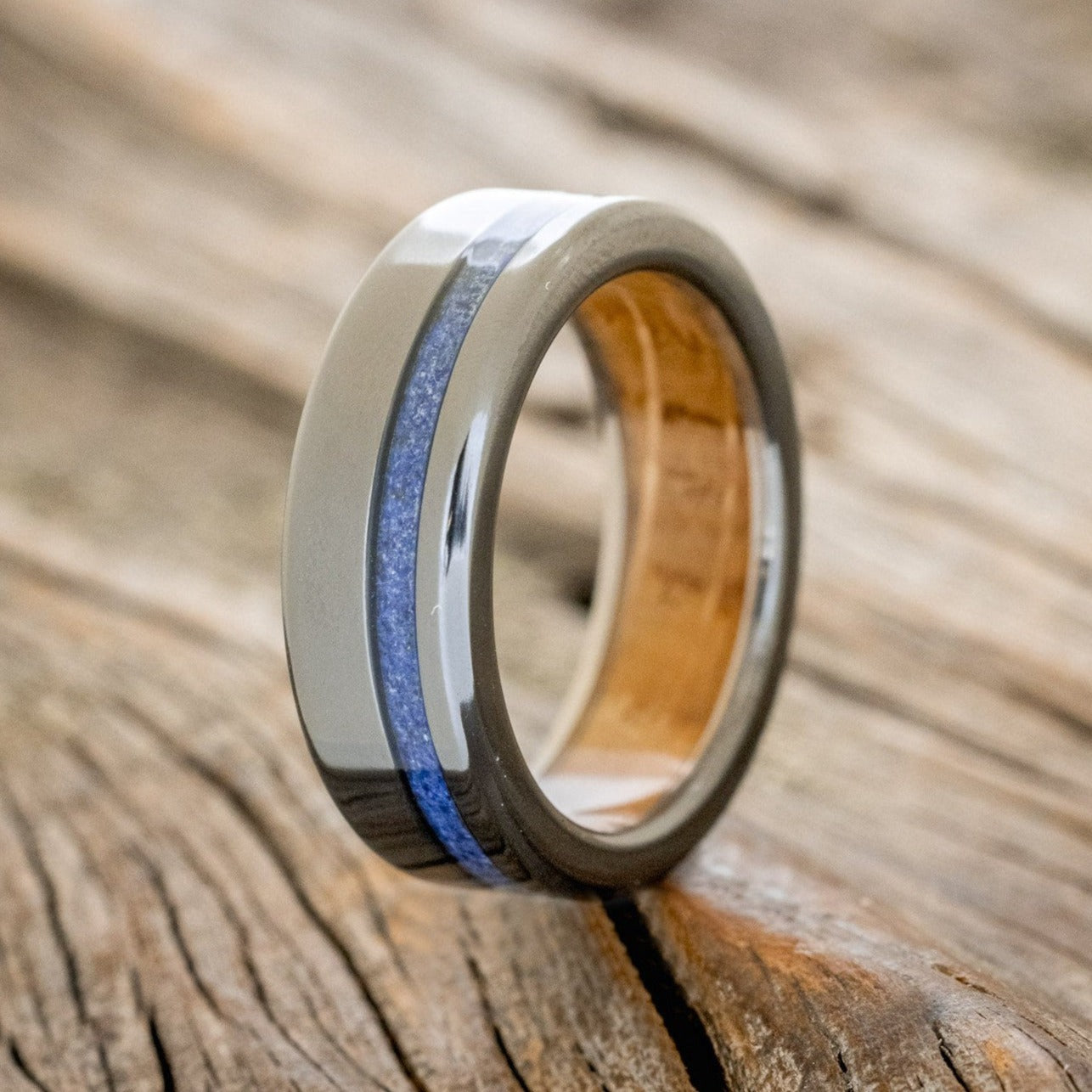 "VERTIGO" - LAPIS LAZULI WEDDING RING FEATURING A WHISKEY BARREL LINED BAND-1