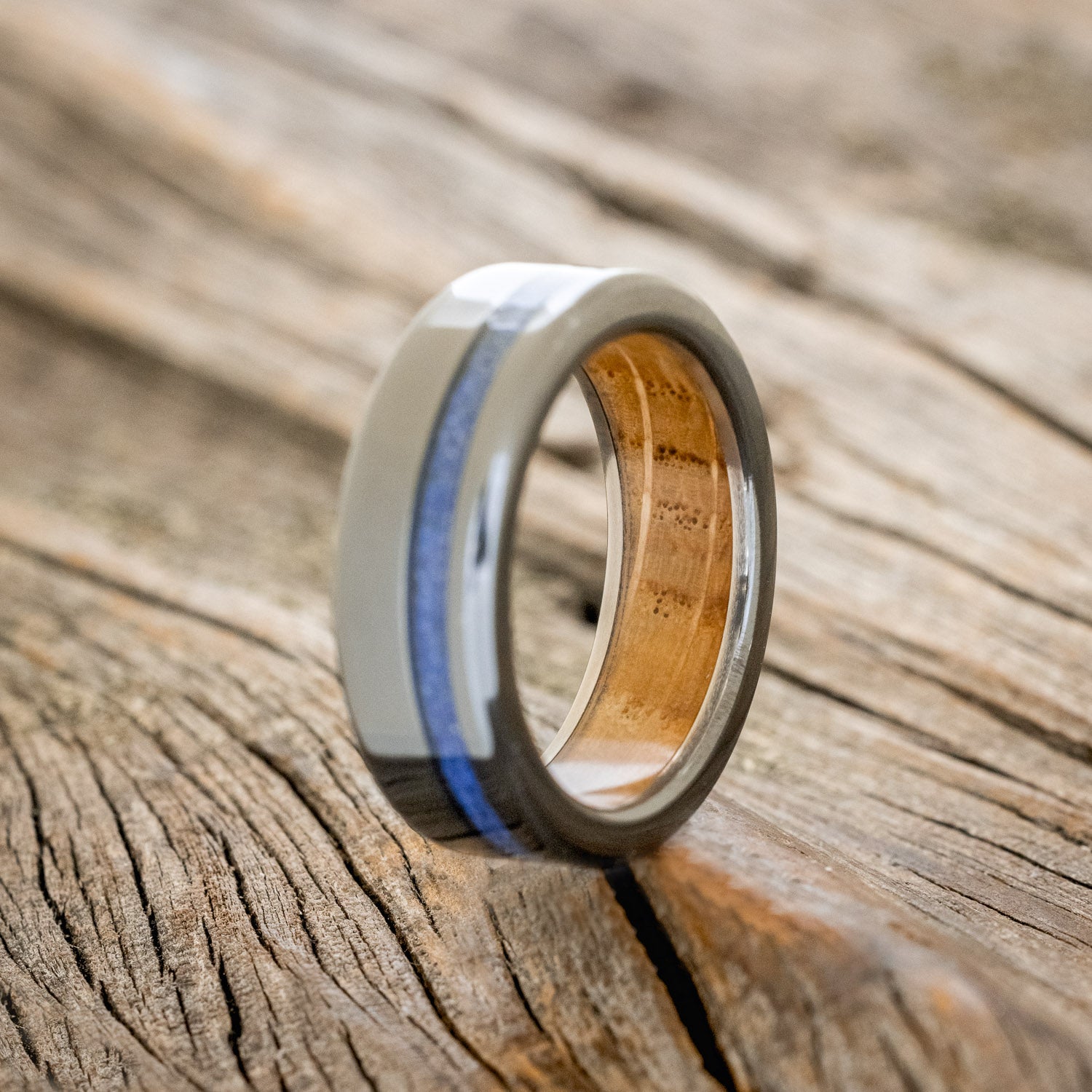 "VERTIGO" - LAPIS LAZULI WEDDING RING FEATURING A WHISKEY BARREL LINED BAND-4
