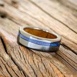 "VERTIGO" - LAPIS LAZULI WEDDING RING FEATURING A WHISKEY BARREL LINED BAND-2