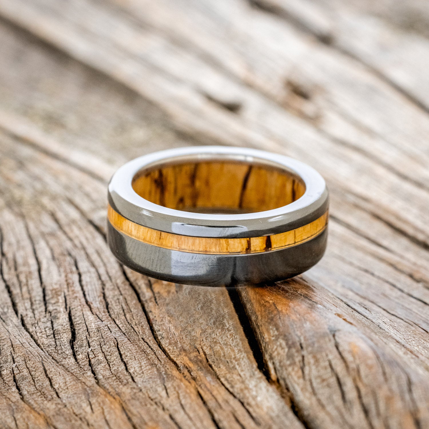 "VERTIGO" - SPALTED MAPLE INLAY & LINING WEDDING BAND-11