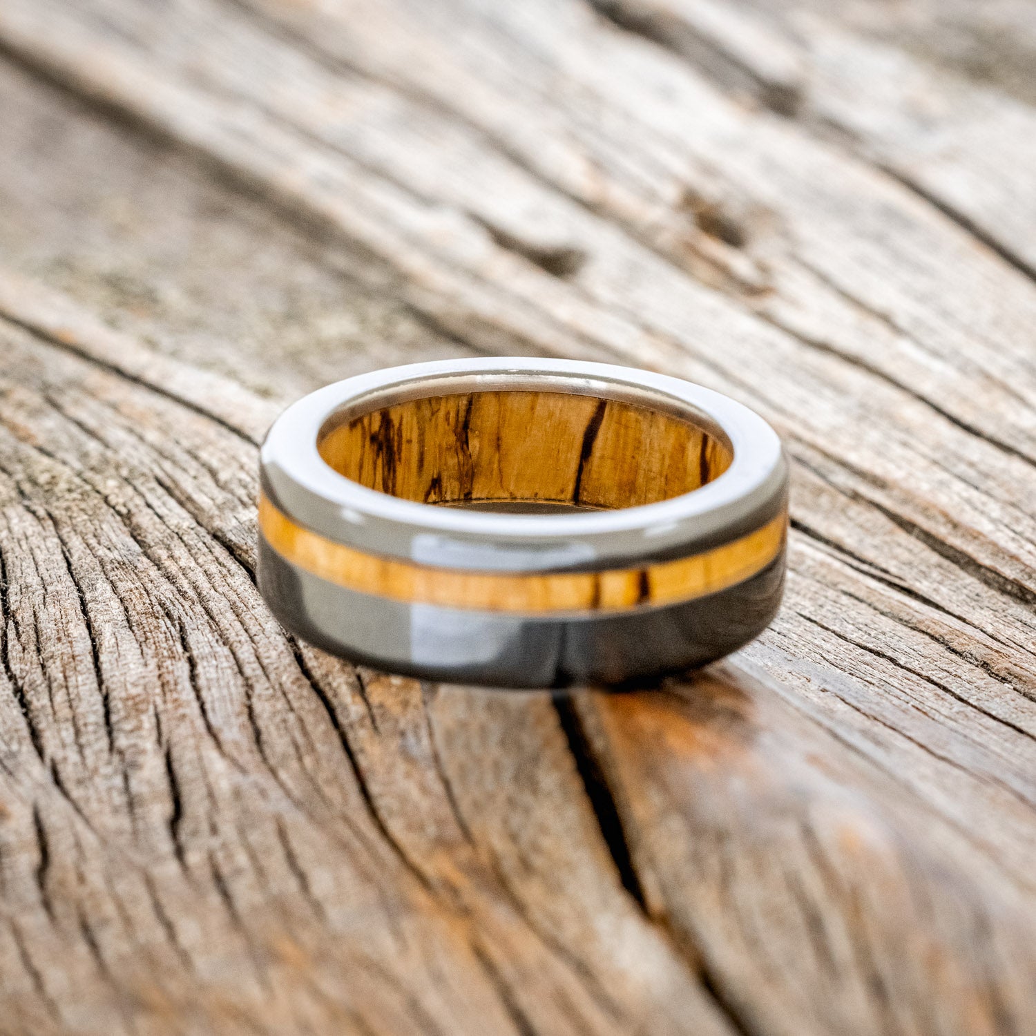"VERTIGO" - SPALTED MAPLE INLAY & LINING WEDDING BAND-14