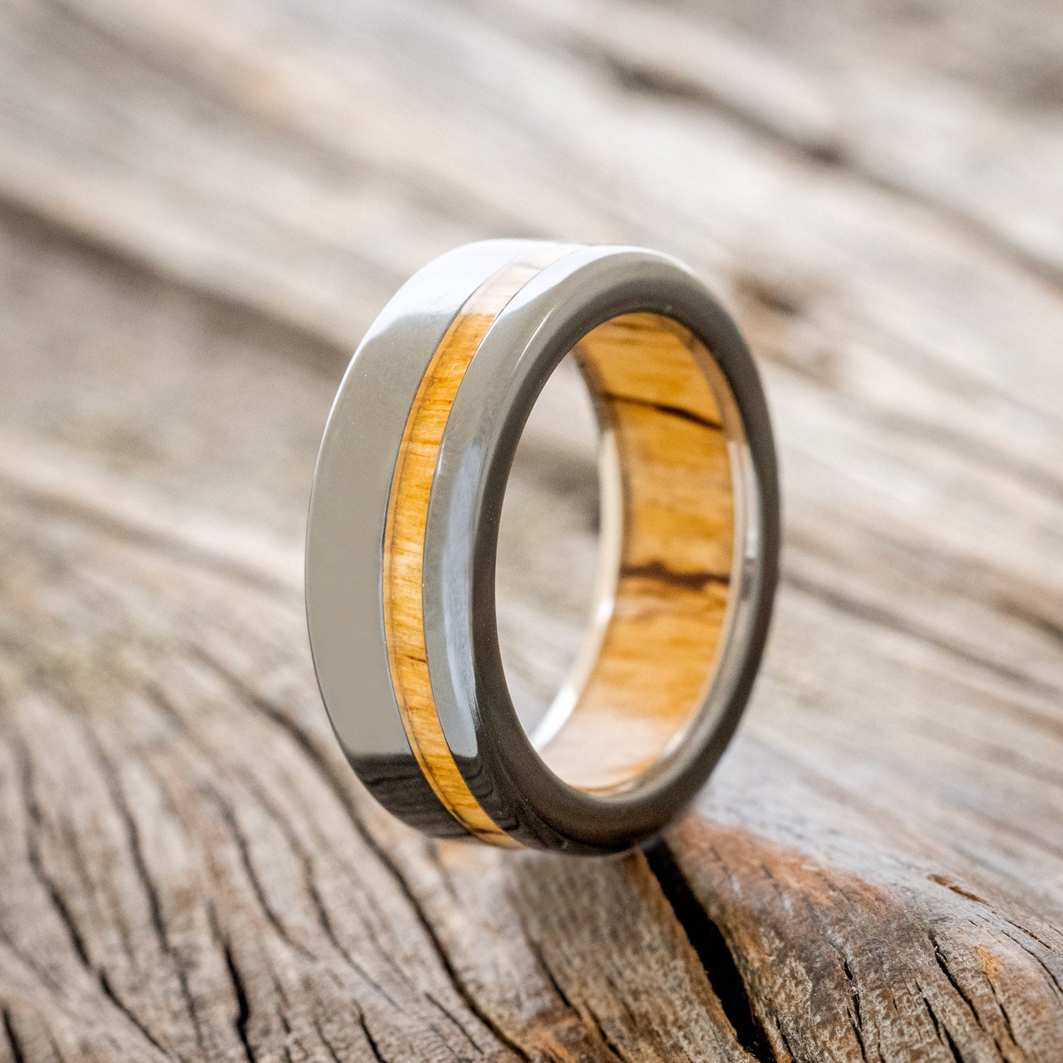 "VERTIGO" - SPALTED MAPLE INLAY & LINING WEDDING BAND-9