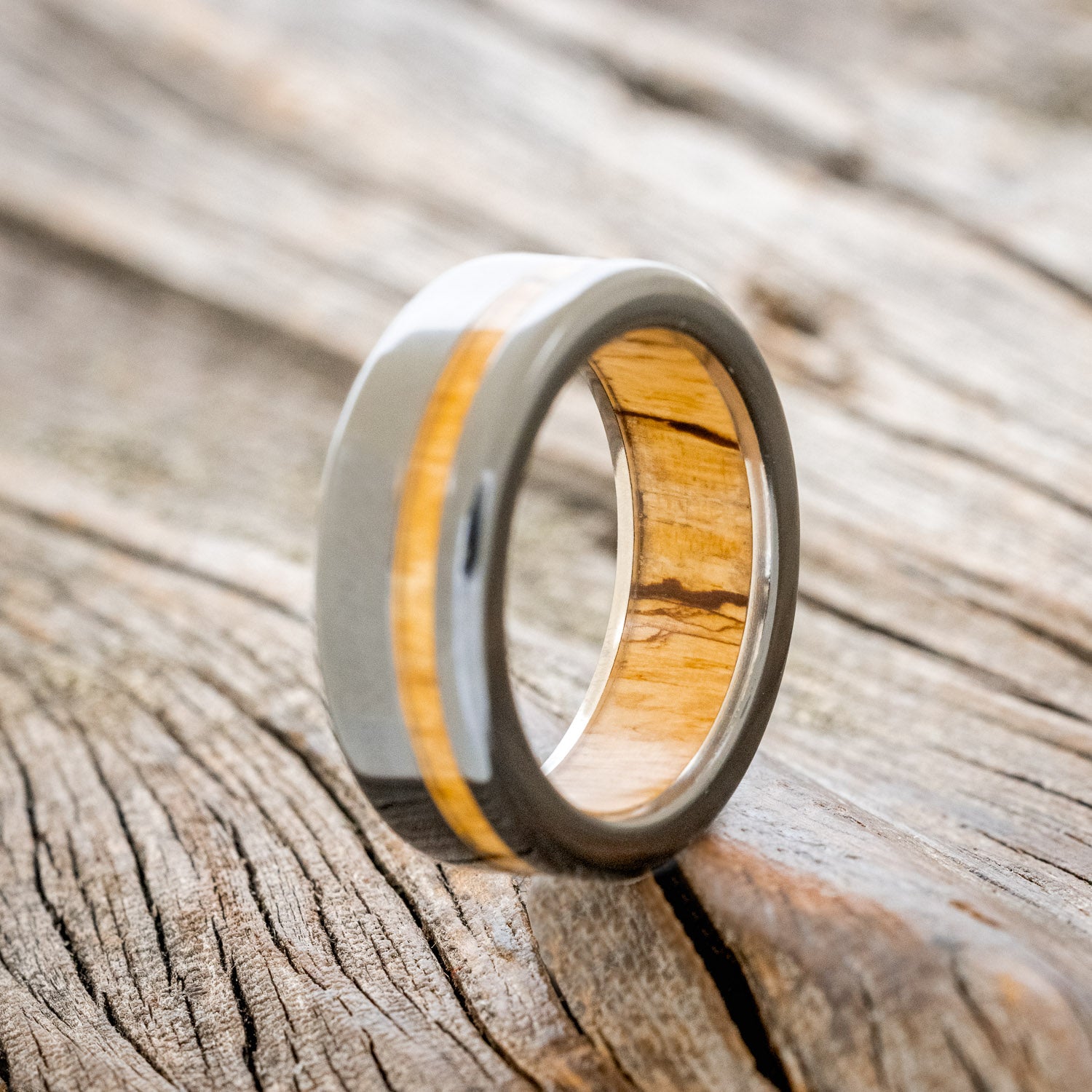 "VERTIGO" - SPALTED MAPLE INLAY & LINING WEDDING BAND-12
