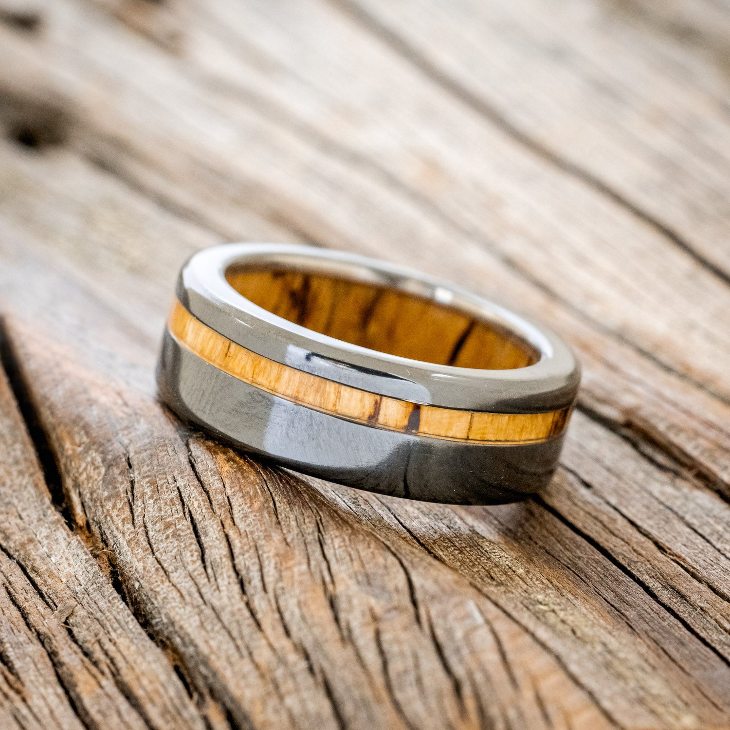 "VERTIGO" - SPALTED MAPLE INLAY & LINING WEDDING BAND-10