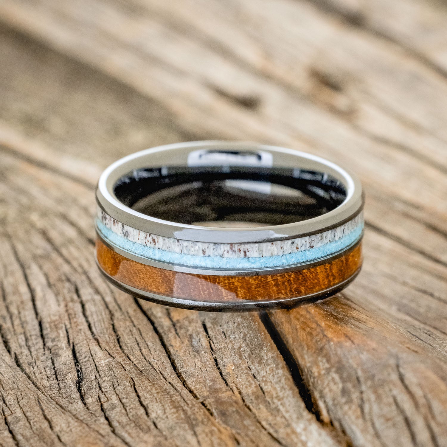 "DYAD" - IRONWOOD, ANTLER & TURQUOISE WEDDING BAND-9