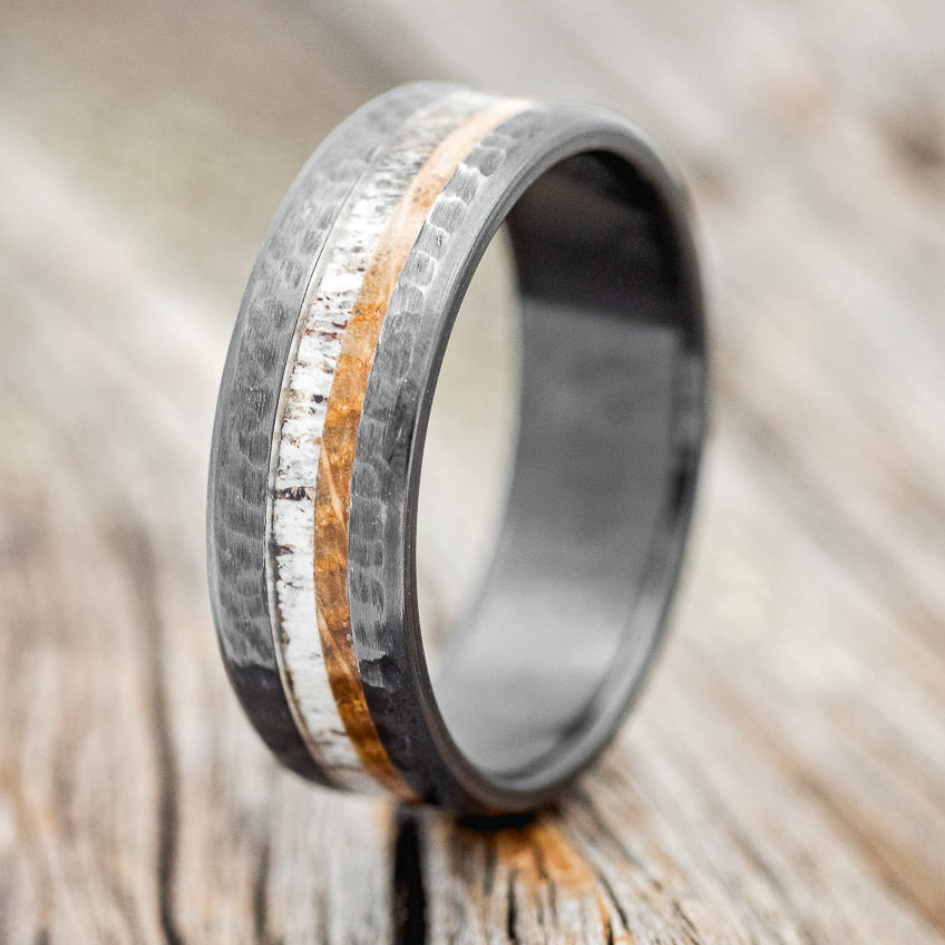 "CASTOR" - ANTLER & WHISKEY BARREL OAK WEDDING RING WITH A HAMMERED FINISH - READY TO SHIP-4