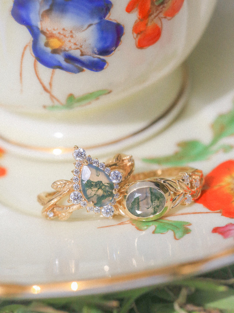 "ARTEMIS ON THE VINE DIVINE" - PEAR MOSS AGATE ENGAGEMENT RING WITH DIAMOND ACCENTS & "BRIAR" TRACER