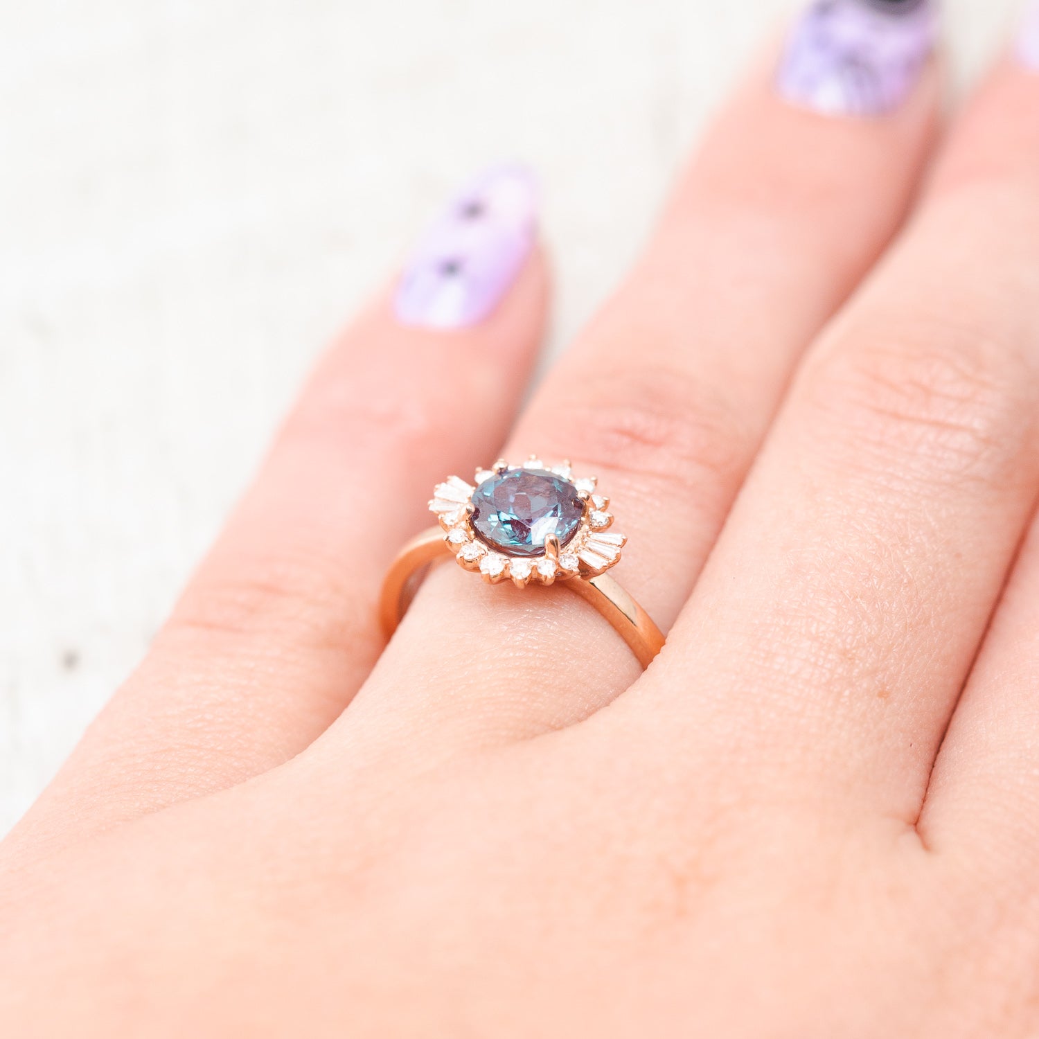"CORALIE" - ROUND CUT LAB-GROWN ALEXANDRITE ENGAGEMENT RING WITH A DIAMOND HALO-19