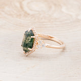 "OCTAVIA" - ELONGATED HEXAGON MOSS AGATE ENGAGEMENT RING WITH DIAMOND HALO & ACCENTS-3